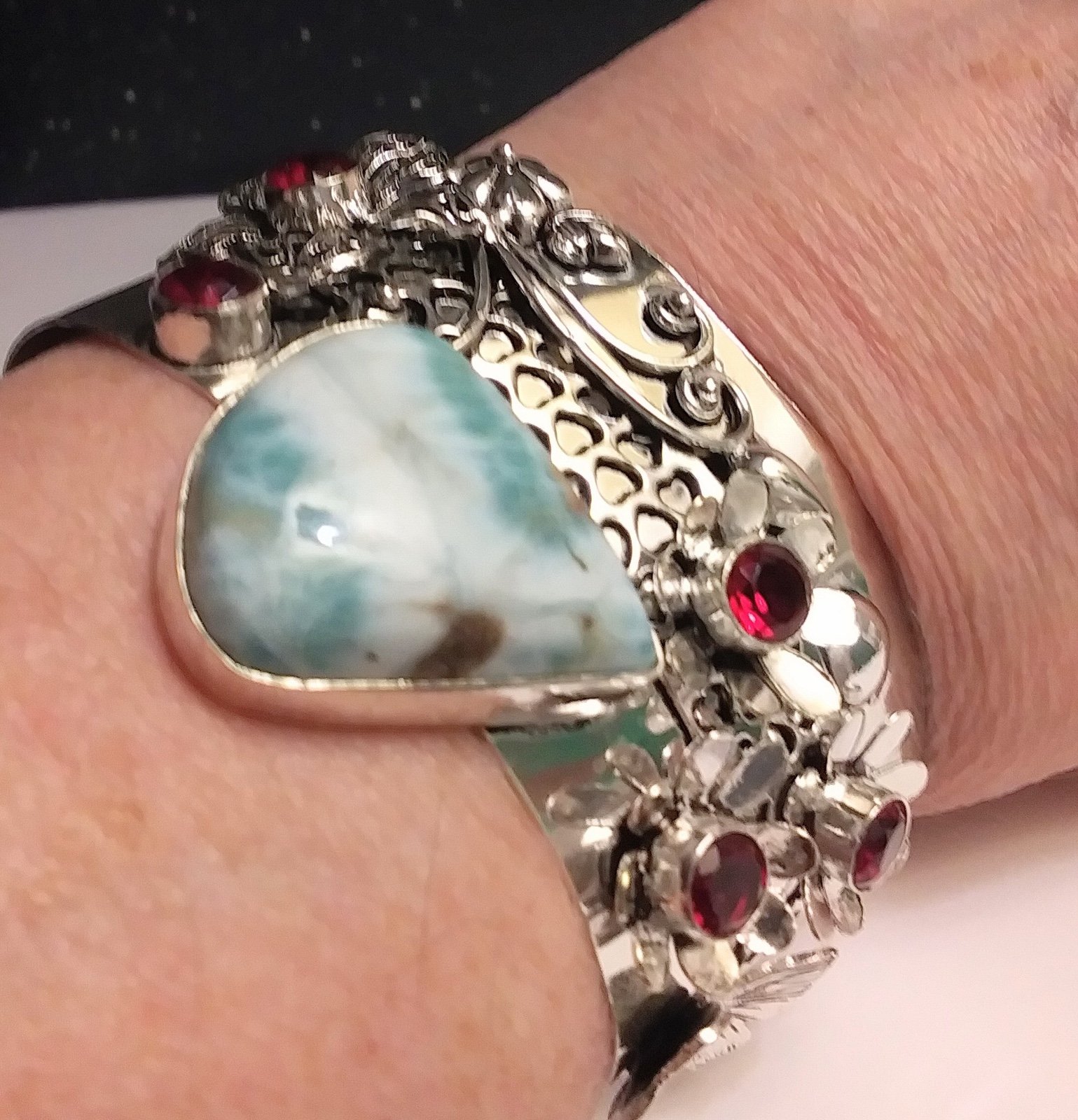 Larimar Garnet 925 Sterling Silver Cuff Bracelet