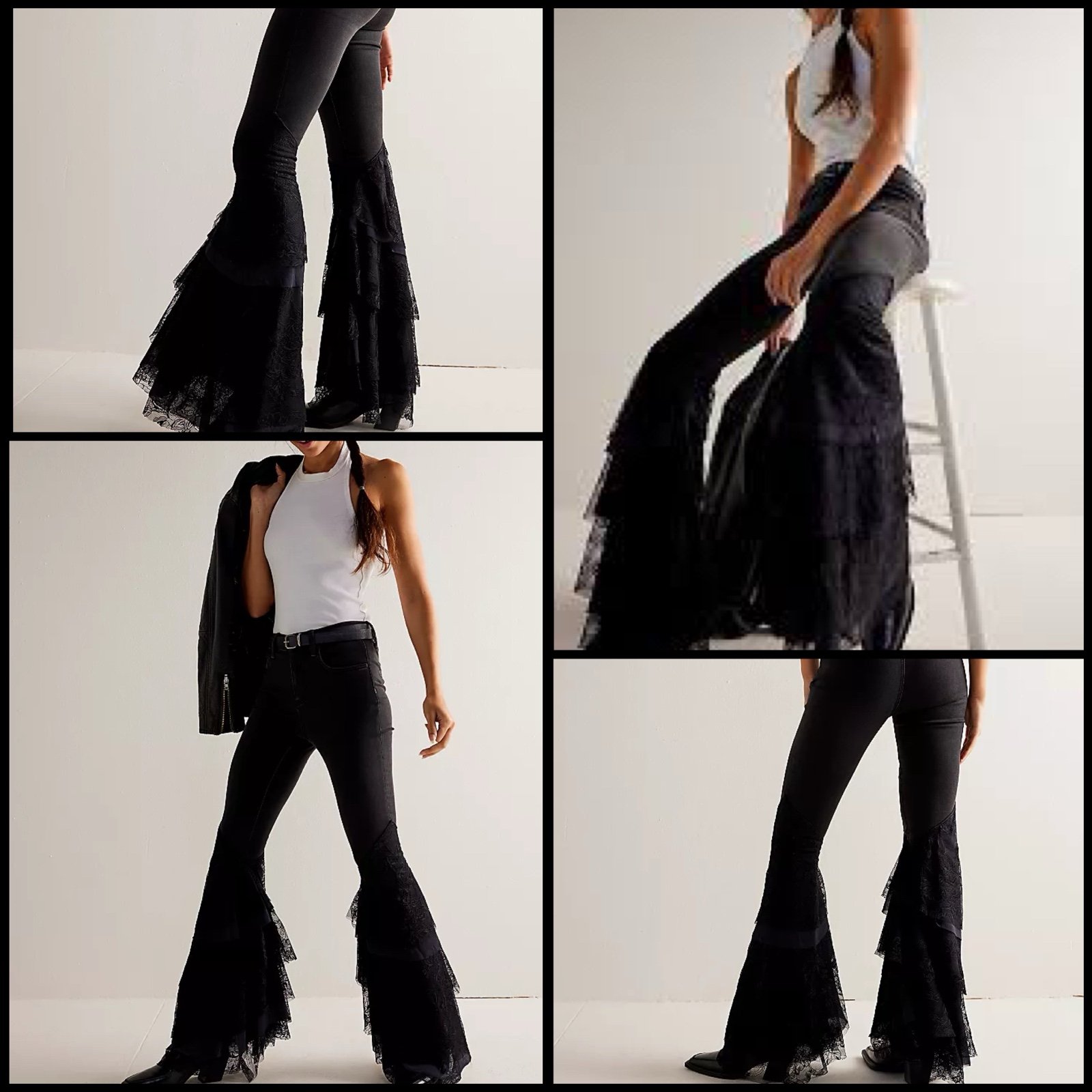 Free People X Revolve Mystique Lace Flare in Black Tiered Lace Hem NWT Size 32