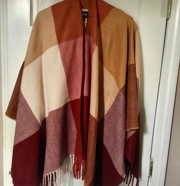 Siizu cranberry plaid poncho, New