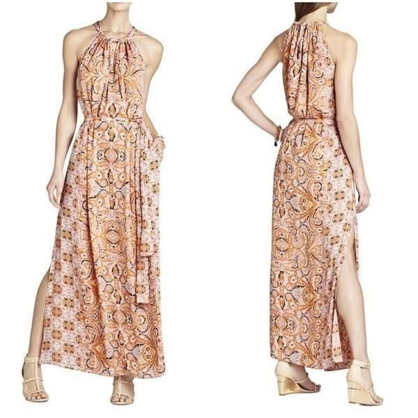 BCBG MaxAzria Women Pink Multicolored Blouson Halter Maxi Dress Size S