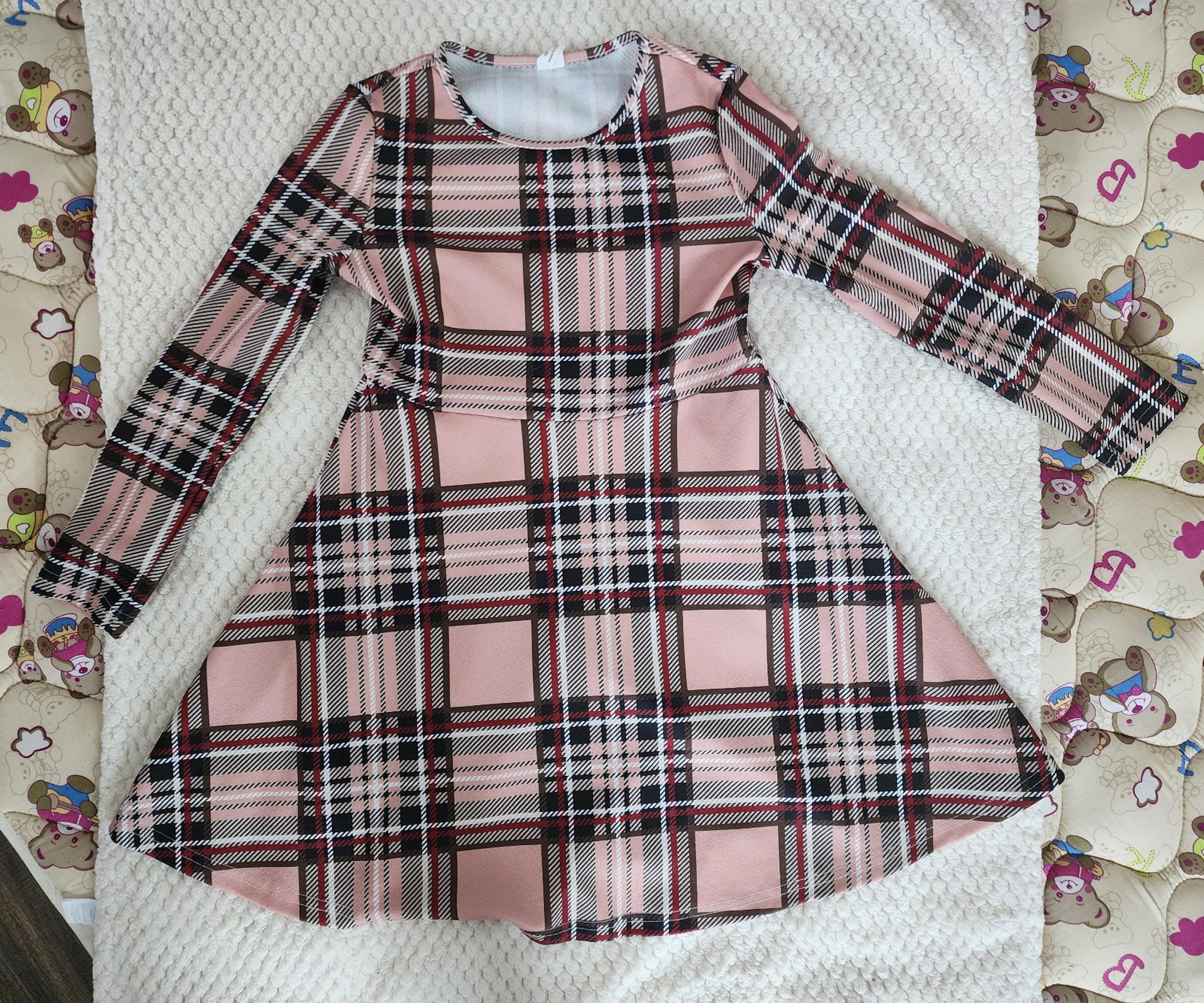 Girls Tan & Brown Plaid Dress  Size 9Y - Skater Dress, Long Sleeves, Fall Dress