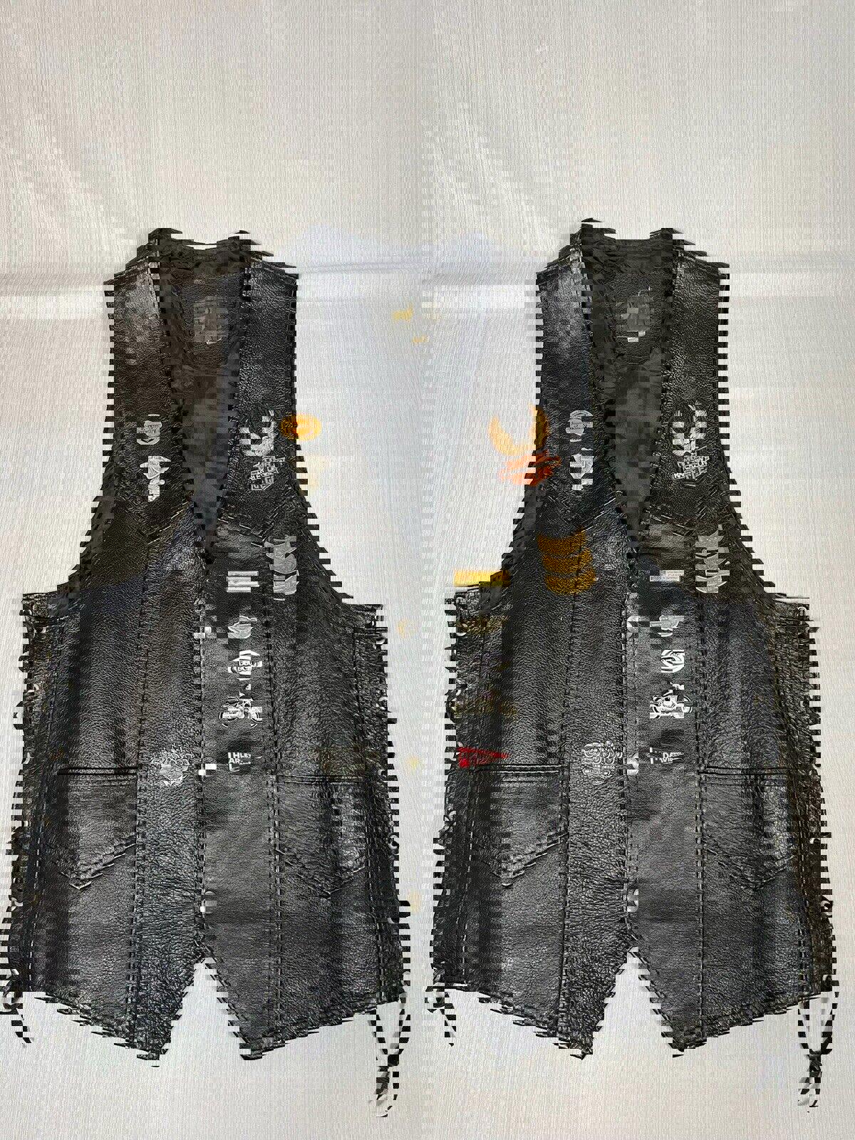 Harley Davidson Mens L Vest Genuine Leather Talon Zipper Biker Motorcycle Pins