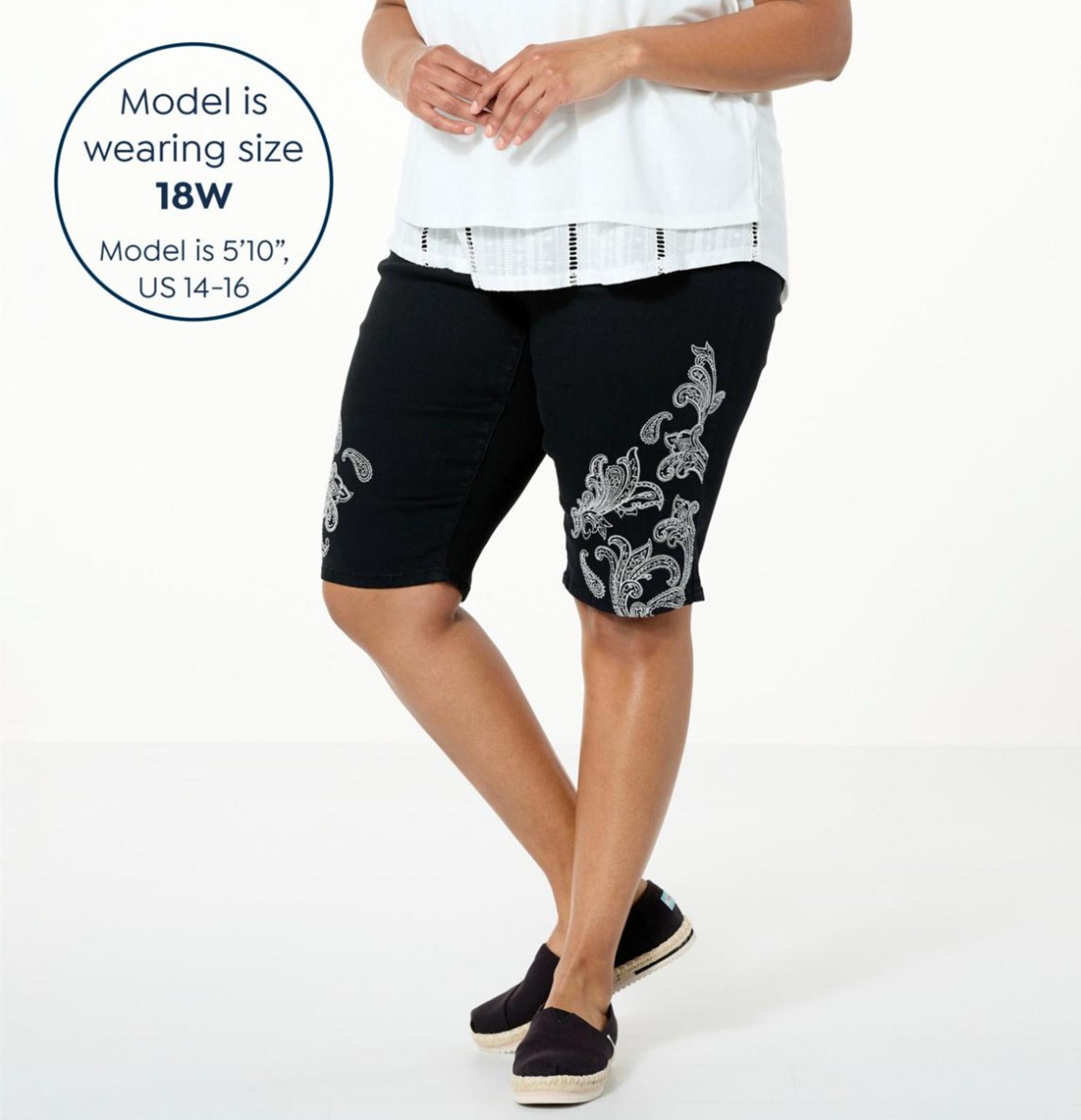 NWT DG2 Diane Gilman Women’s Black Stretch Denim Embroidered Bermuda Shorts 20W