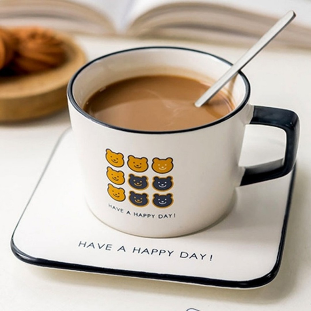 Black White Bear HAPPY DAY Ceramic Mug Tea Cup Coffee Saucer Set w Spoon Teacup