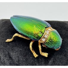 Gold Tone Real Jewel Beetle Rhinestone Green Iridescent Insect Brooch