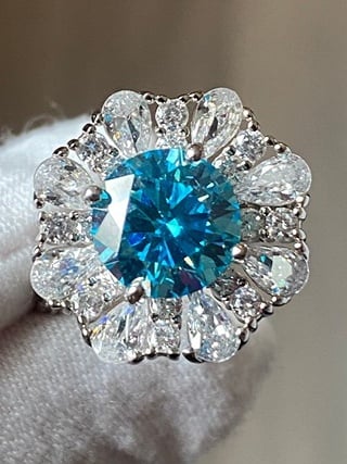3ct Round Sea Blue Moissanite Flower Silver Cocktail Ring Size 7.25 Certificate