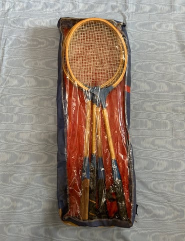 4 Vintage Crown All Wood Badminton Rackets w/Original Plastic Zippered Case