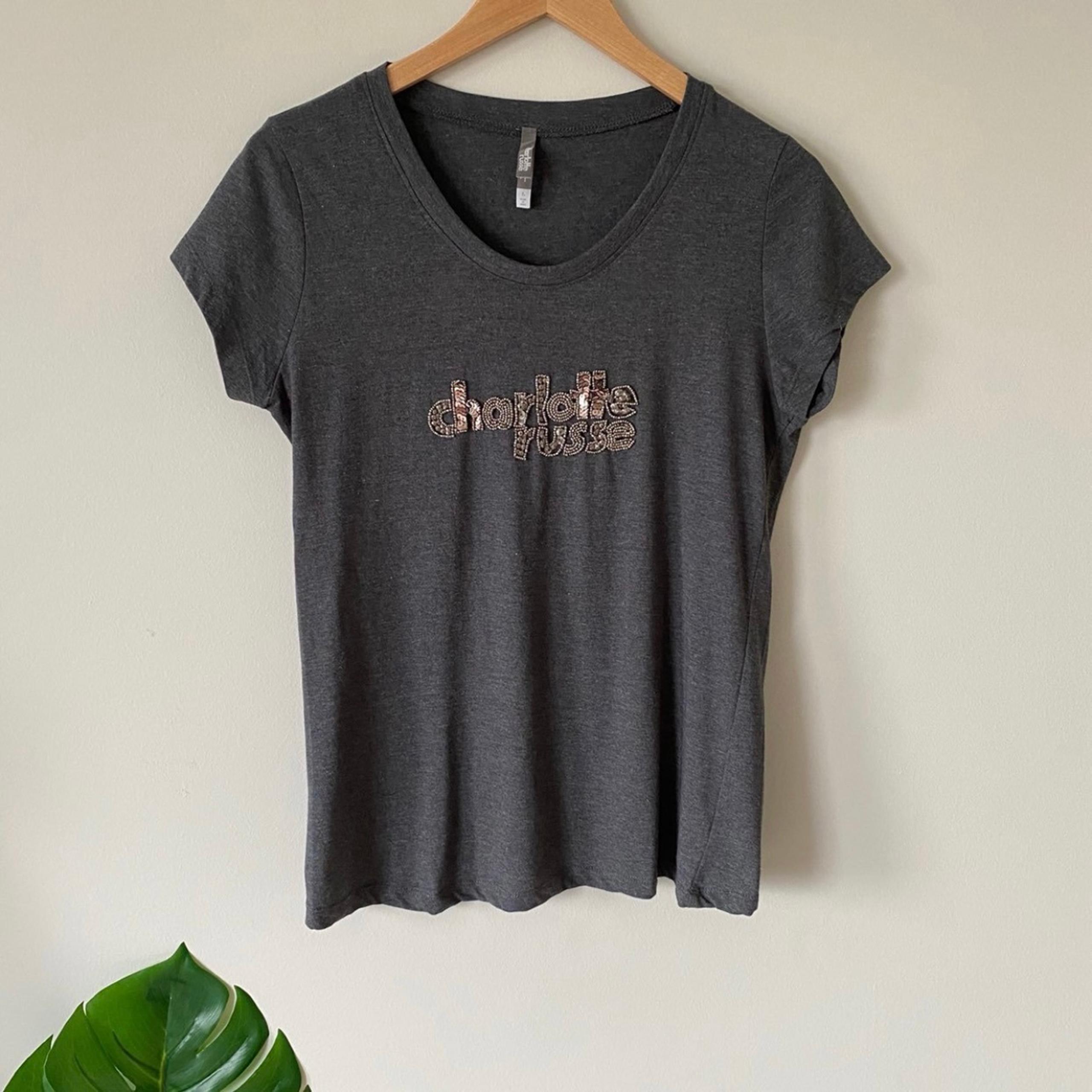 CHARLOTTE RUSSE Sequin Logo Short Sleeve Tee Shirt Large Gray
