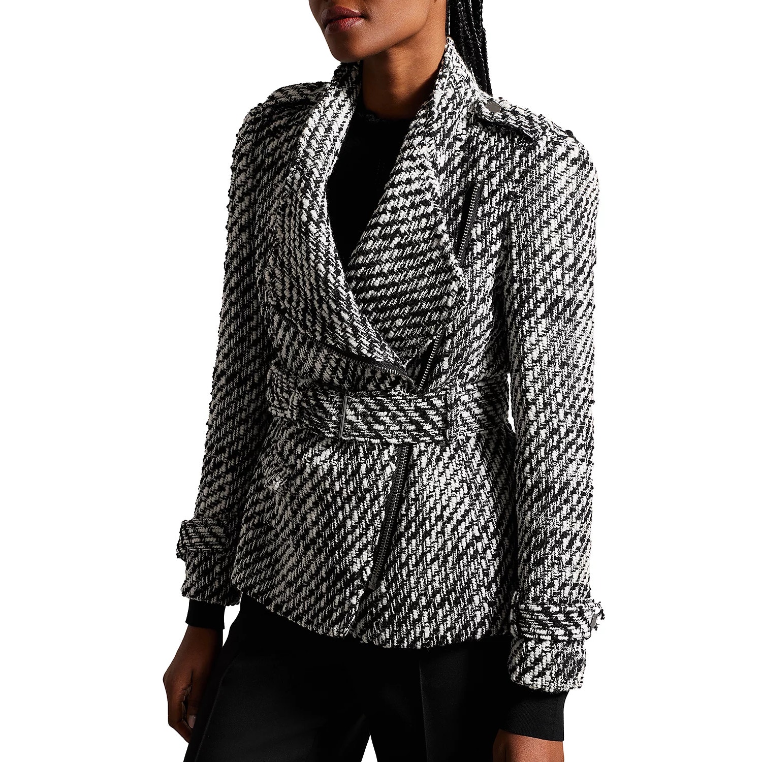 Ted Baker Roseby Hip Length Belted Wrap Biker Jacket Wool Blend Coat Black US 4