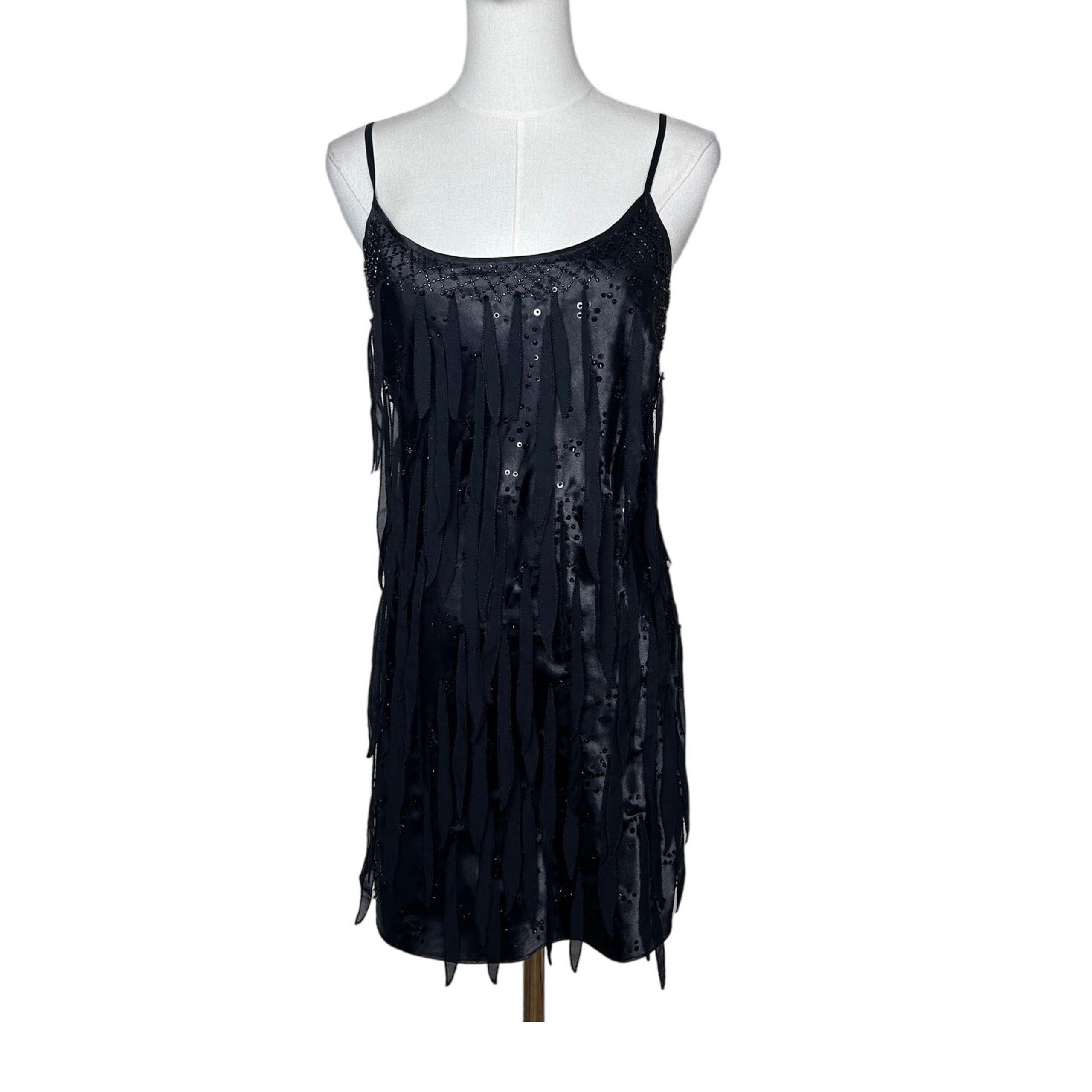 Guess Beaded Fringe Mini Dress Junior Size 1 Black Satin Little Black Dress Prom