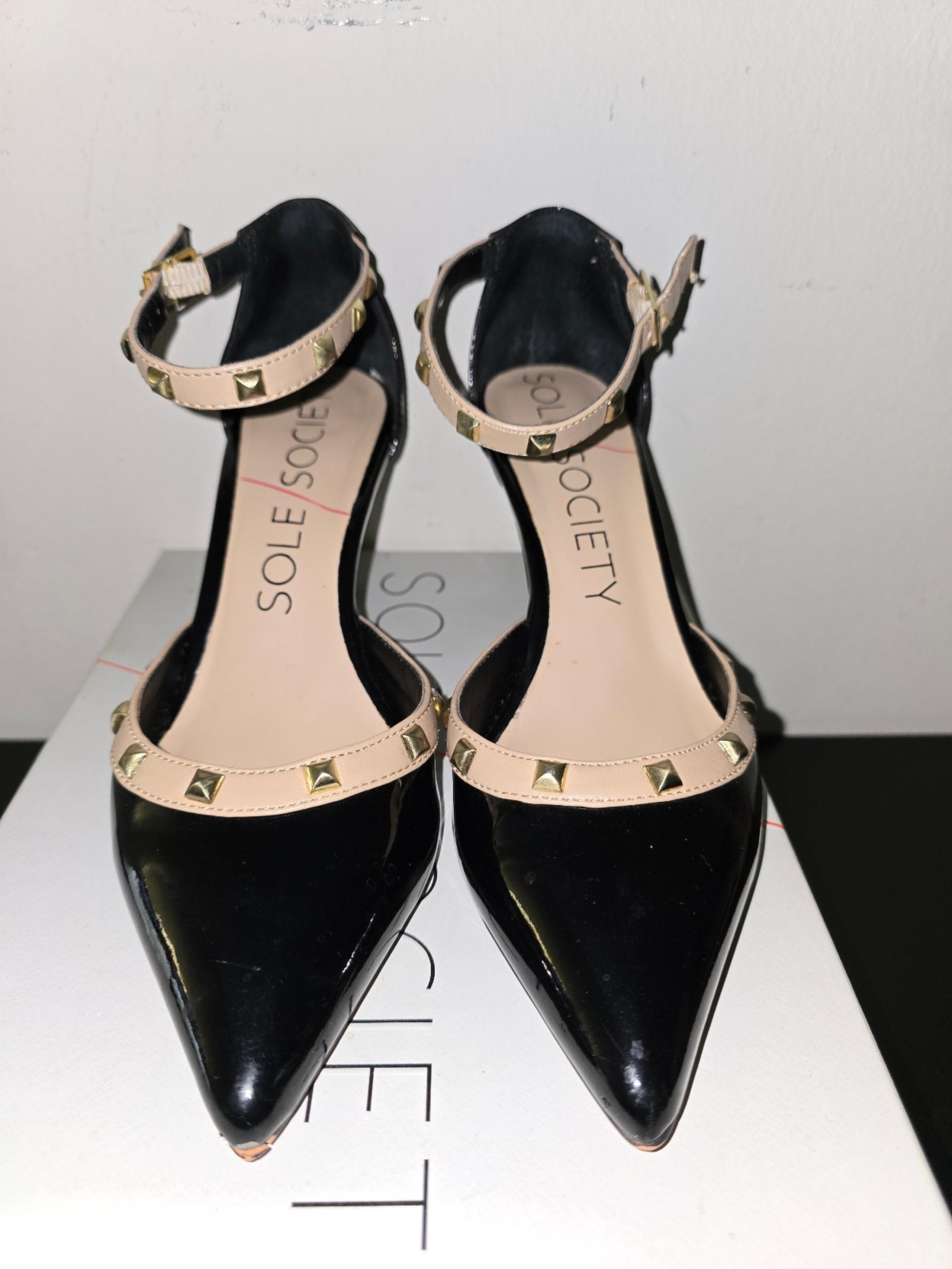 Sole Society So-Anneke T-Strap Pointed Dress Pumps Black Nude Gold Embellished