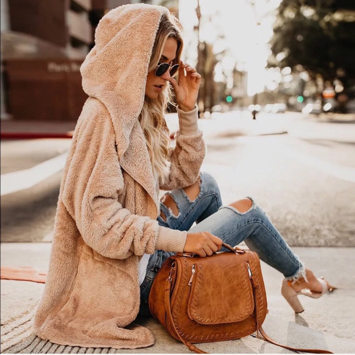Fleece Hooded Khaki Women Cardigan faux fur coat