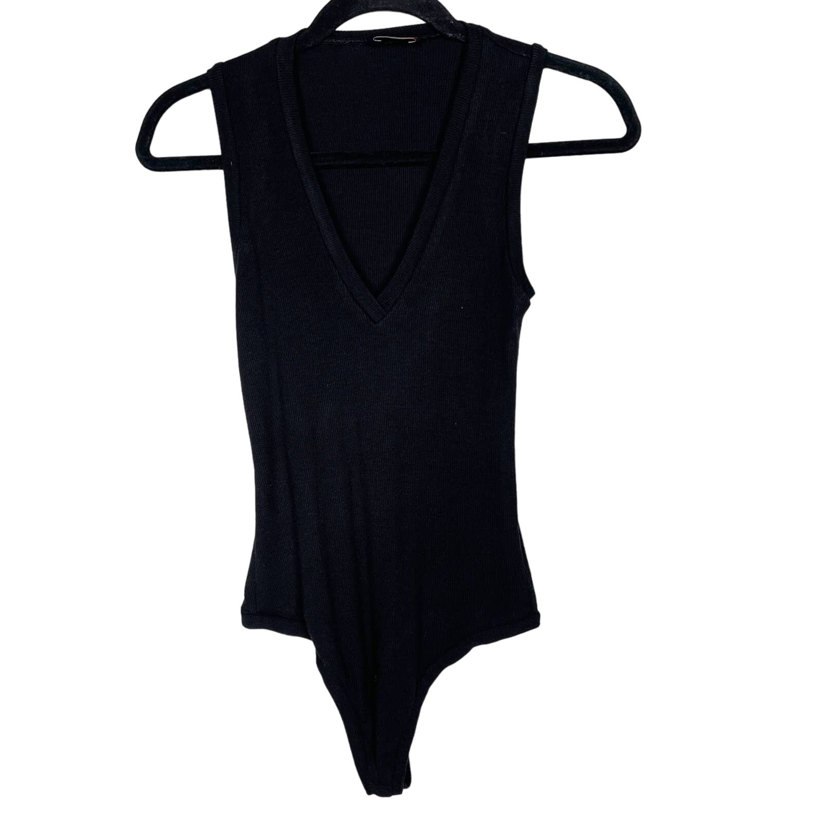 Alix NYC Small Black Merit Ribbed V Neck Tank Bodysuit Modal Stretch Jersey Snap