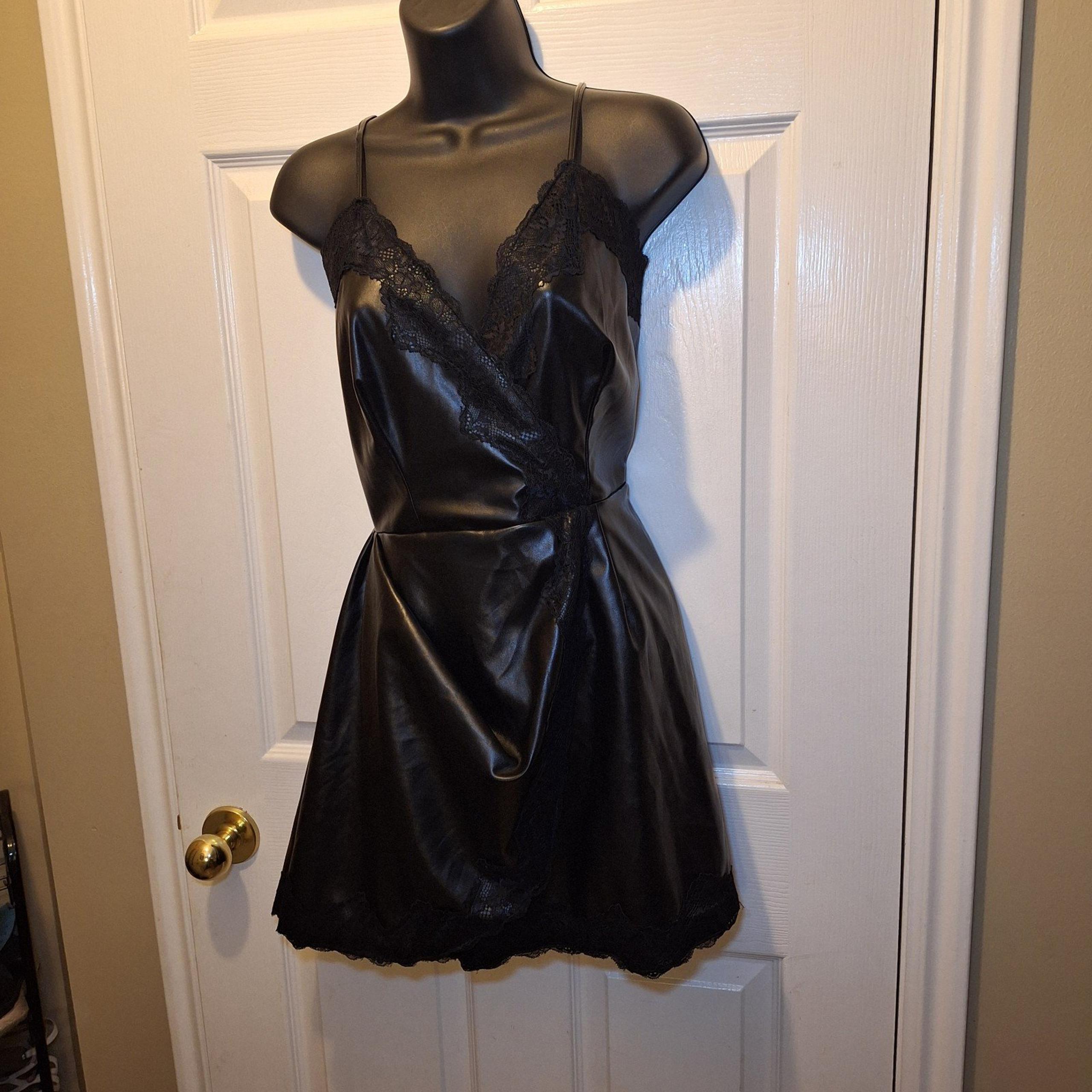 Black Faux Leather Romper Dress With Black Lace Trim