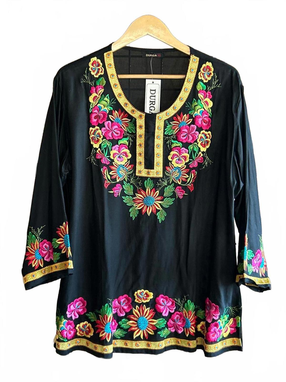 NWT Durga Womens Tunic XL Black Pink Flowers Embroidered 3/4 Sleeve Boho
