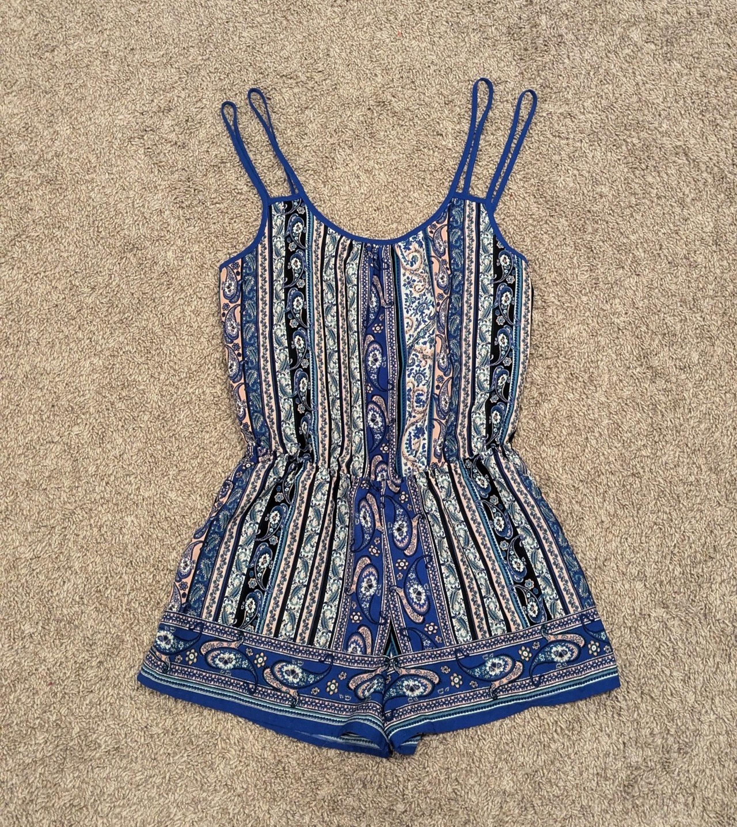 Mine blue multicolor paisley print pattern casual sleeveless strappy romper