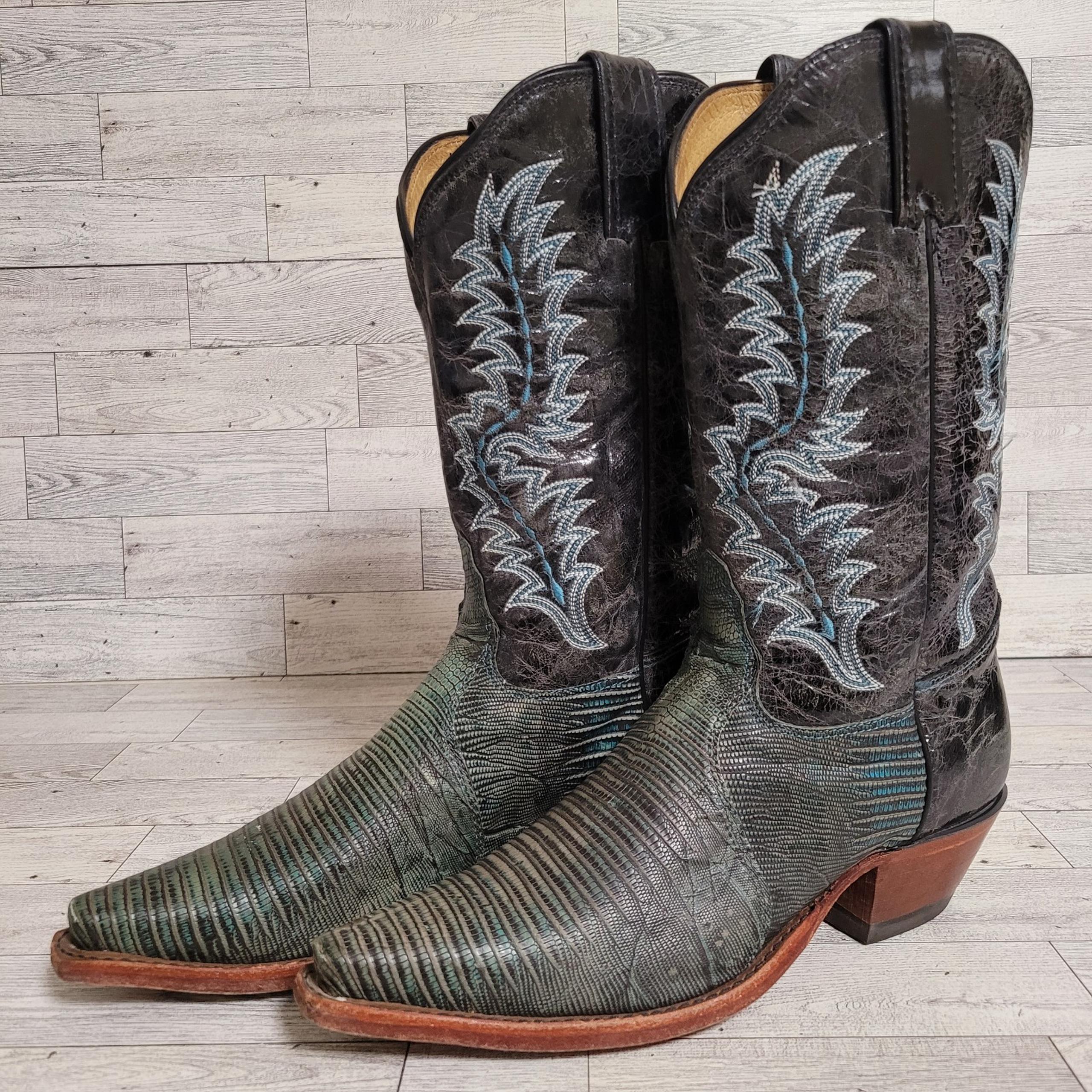 Women's Tony Lama Rustic Western Green Teju Lizard Leather Cowboy Boots Size 8.5