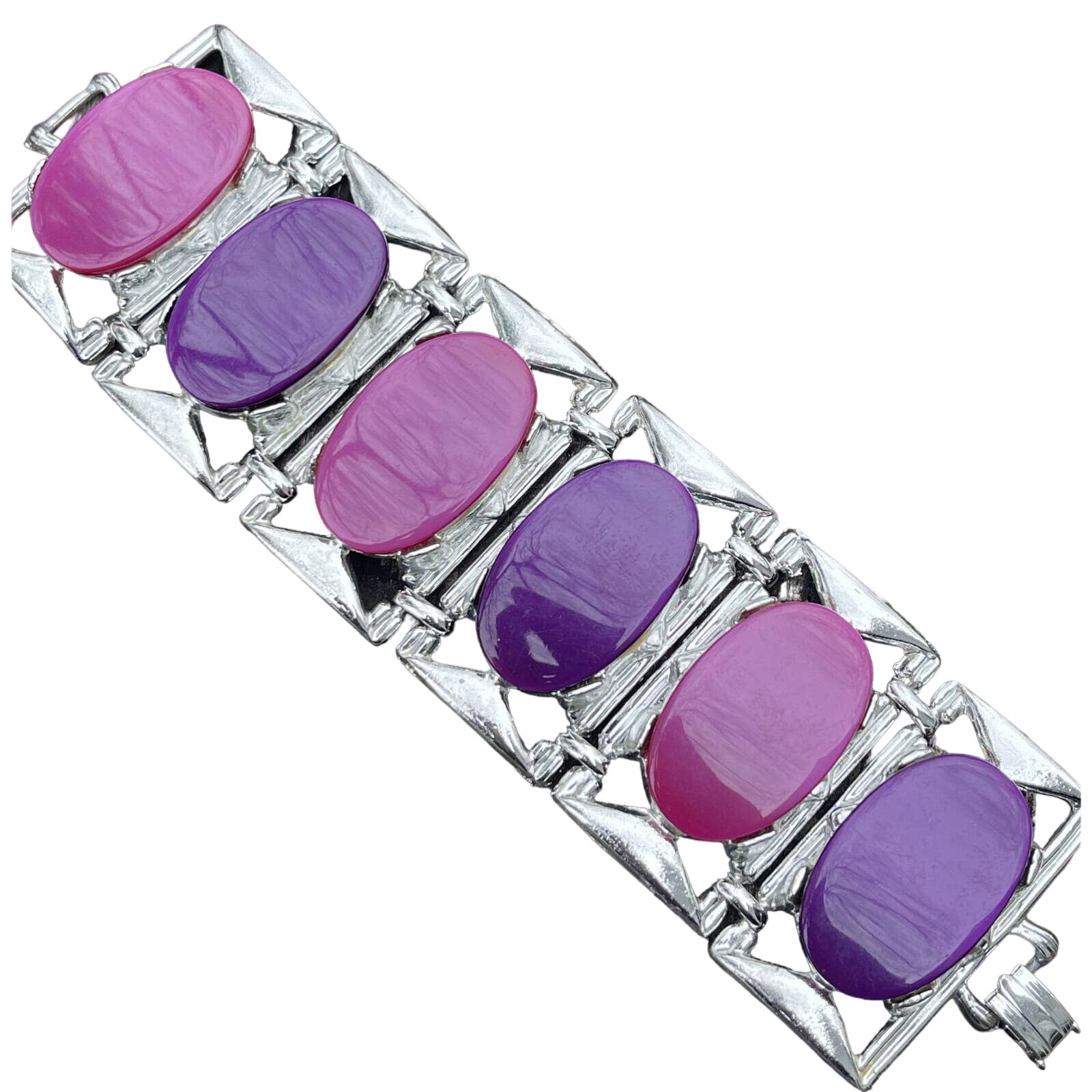 Vtg Bracelet Estate Signed DAM Lucite Chunky Runway Pink Purple 7” Heavy