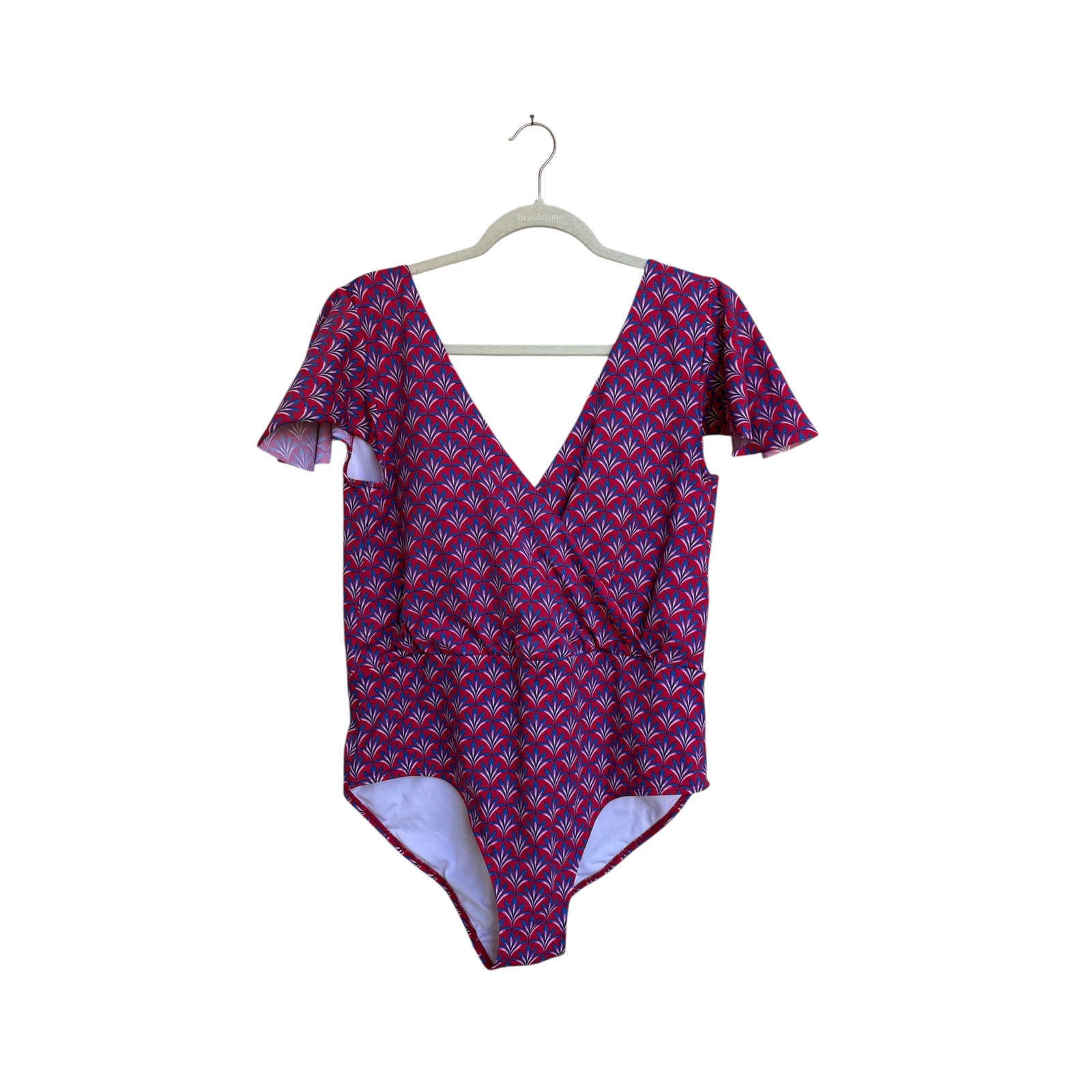 Boden Flutter Sleeve Limnos One Piece Wrap Swimsuit Red Print Size 14