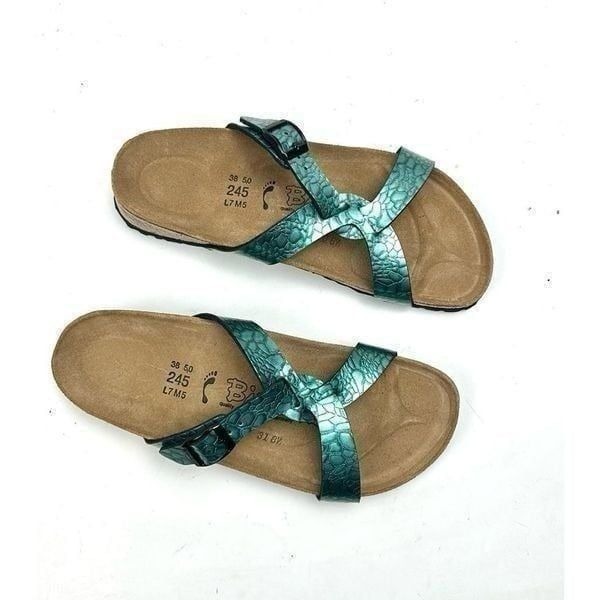 NWB Birkenstock Birki’s Sylt Metallic Turquoise Croc Embossed Sandals 38 US 7