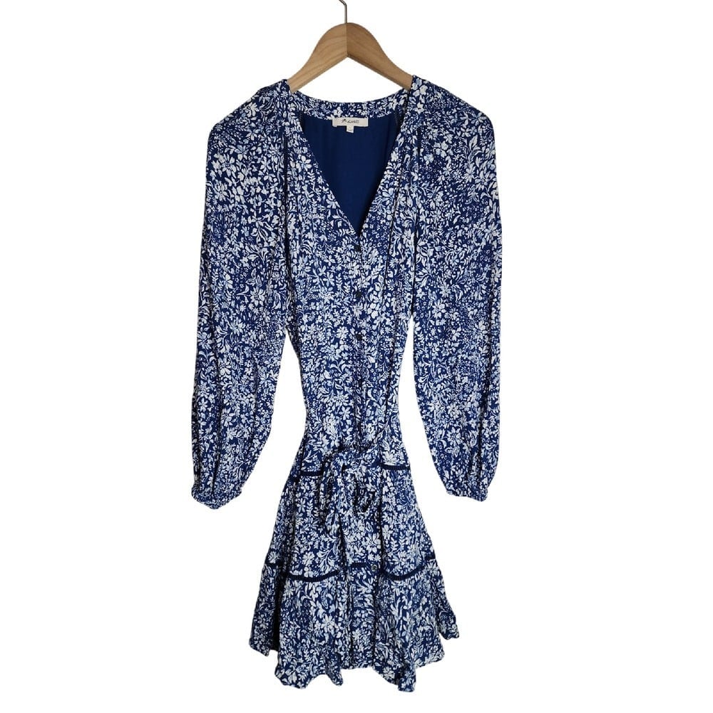 Madewell Dress Women's 6 Floral Tie Waist Long Sleeve Button Up Blue White