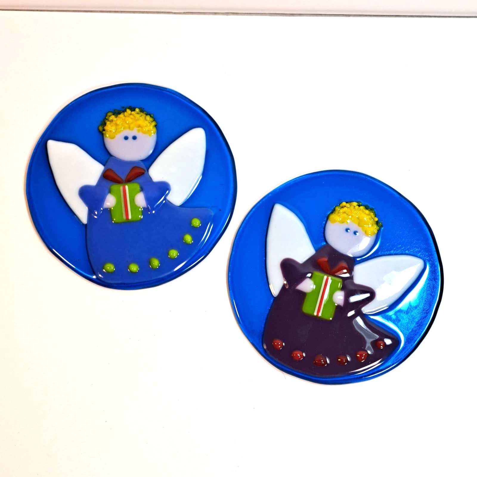 Anne Nye Fused Art Glass Angels (2) Signed Originals Blue 5 Christmas Holiday.