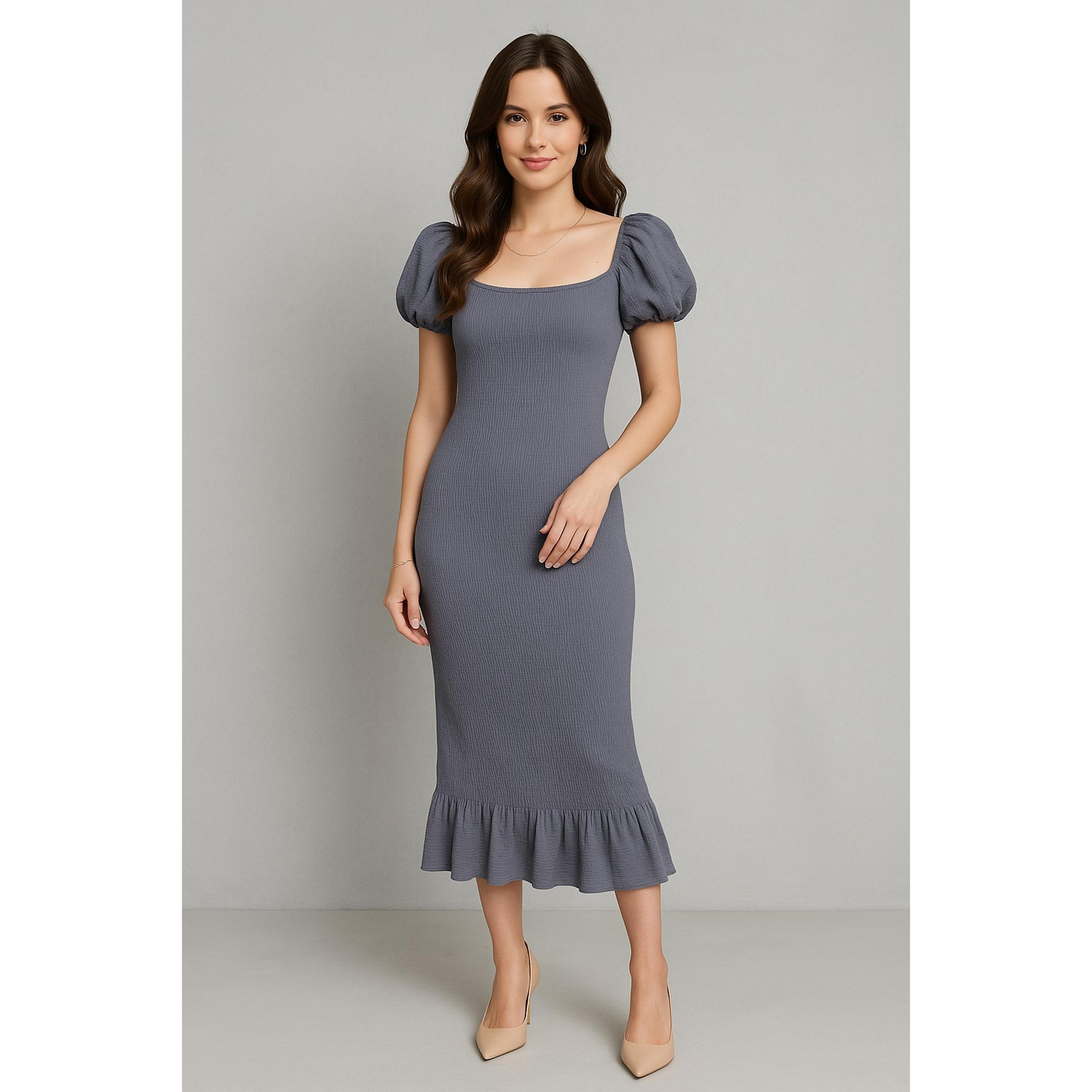 Baltic Born Dress Womens L Blue Puff Sleeve Fully Smocked Bodycon Peplum Midi