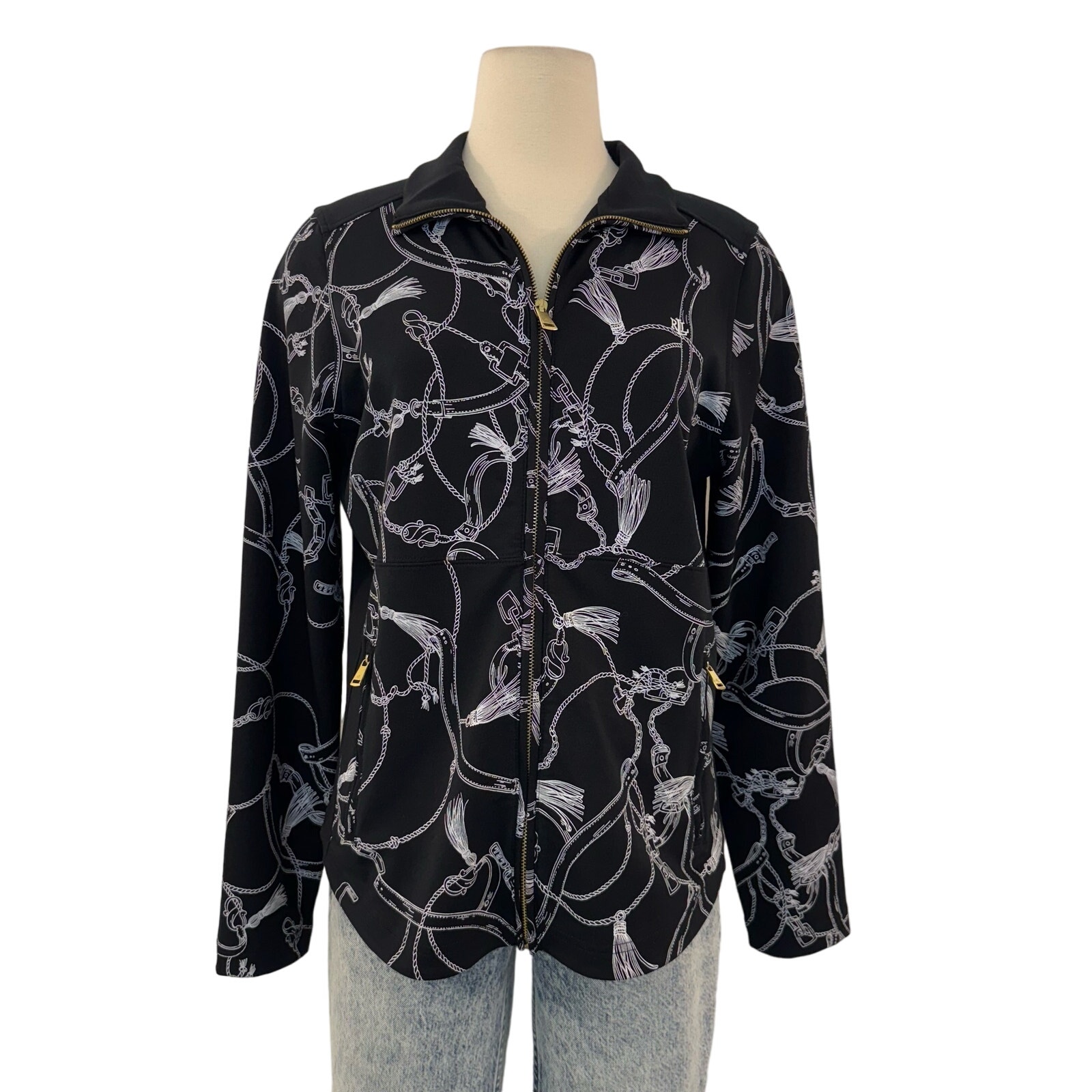 Lauren Ralph Lauren Full Zip Sweatshirt Jacket Equestrian Bridle Tassel Black L