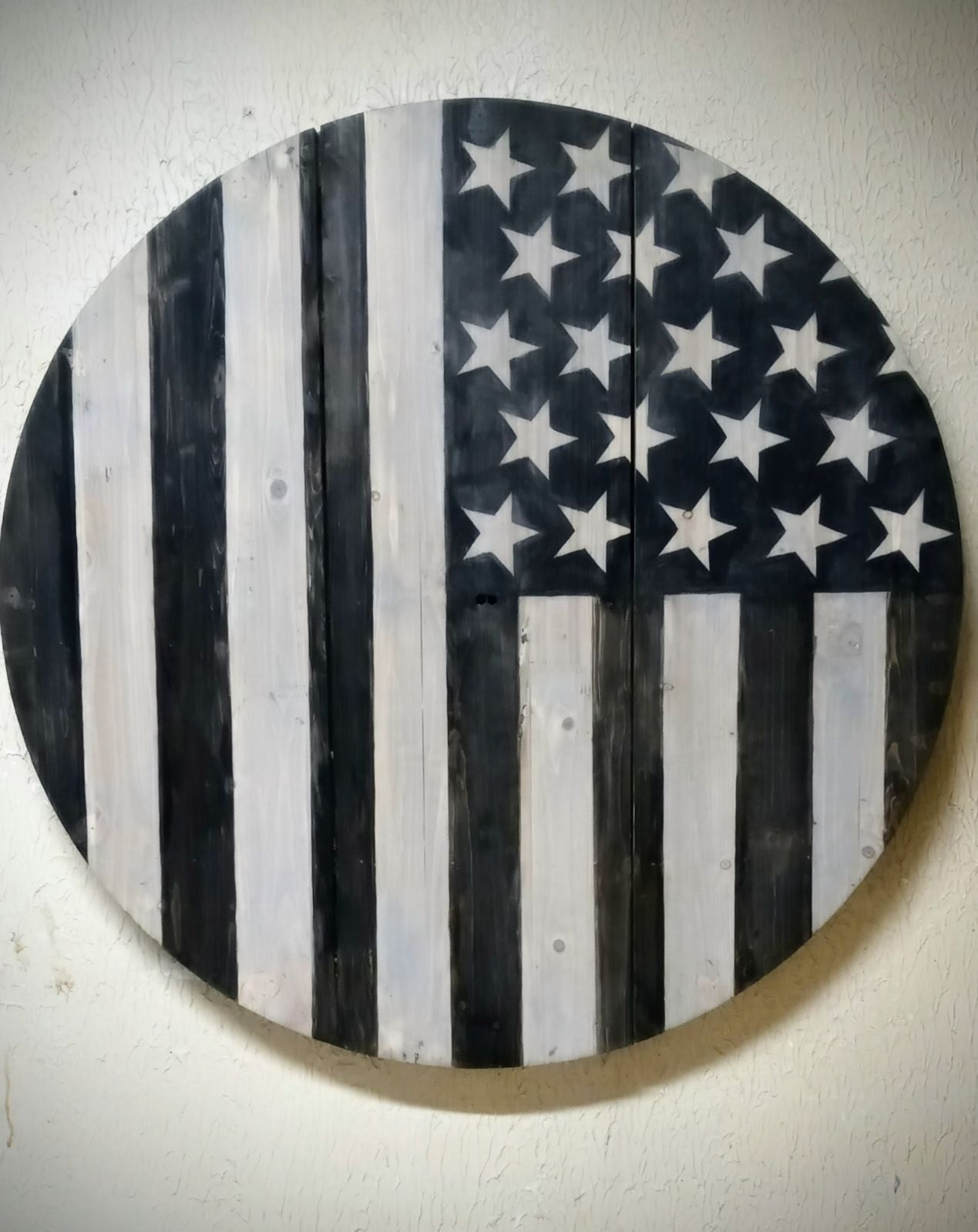 Large wooden round black flag wall decor sign