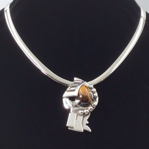 950 Silver Tiger’s Eye Pendant Taxco Artisan Signed 32.4 Grams 2.25”