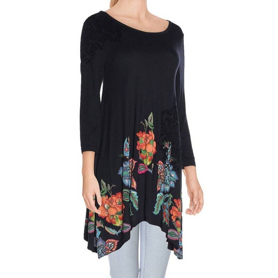 Desigual Ramona Tunic Top Black Floral Beaded Flocked Size XL Boho Bohemian
