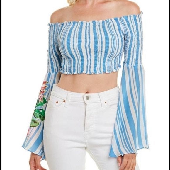Rococo Sand Blossom Floral Bell Wide Sleeve Smocked Body Crop Off Shoulder Top