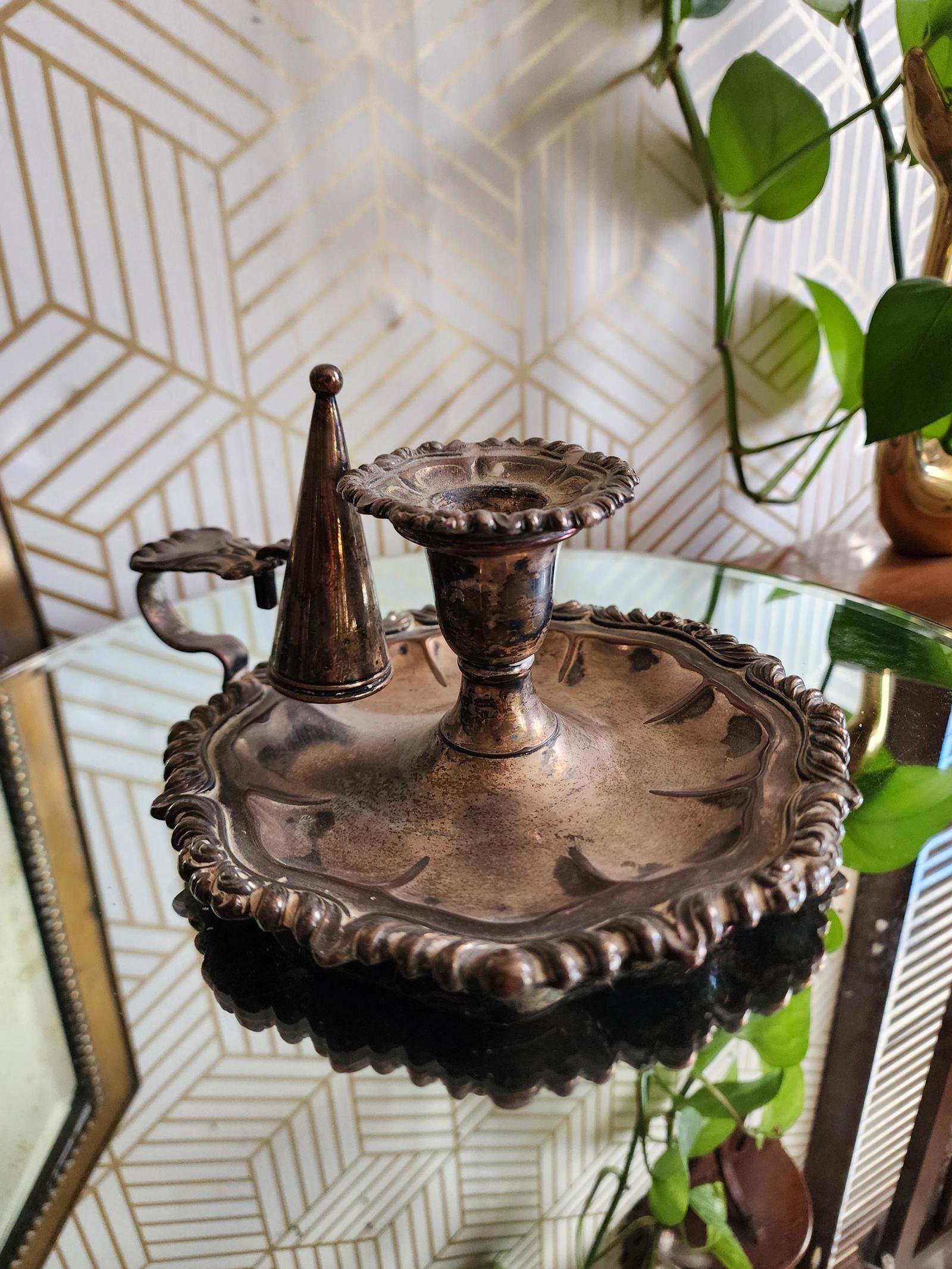 Antique Sheffield England Chamber Candlestick w/ Snuffer - Silver Plated