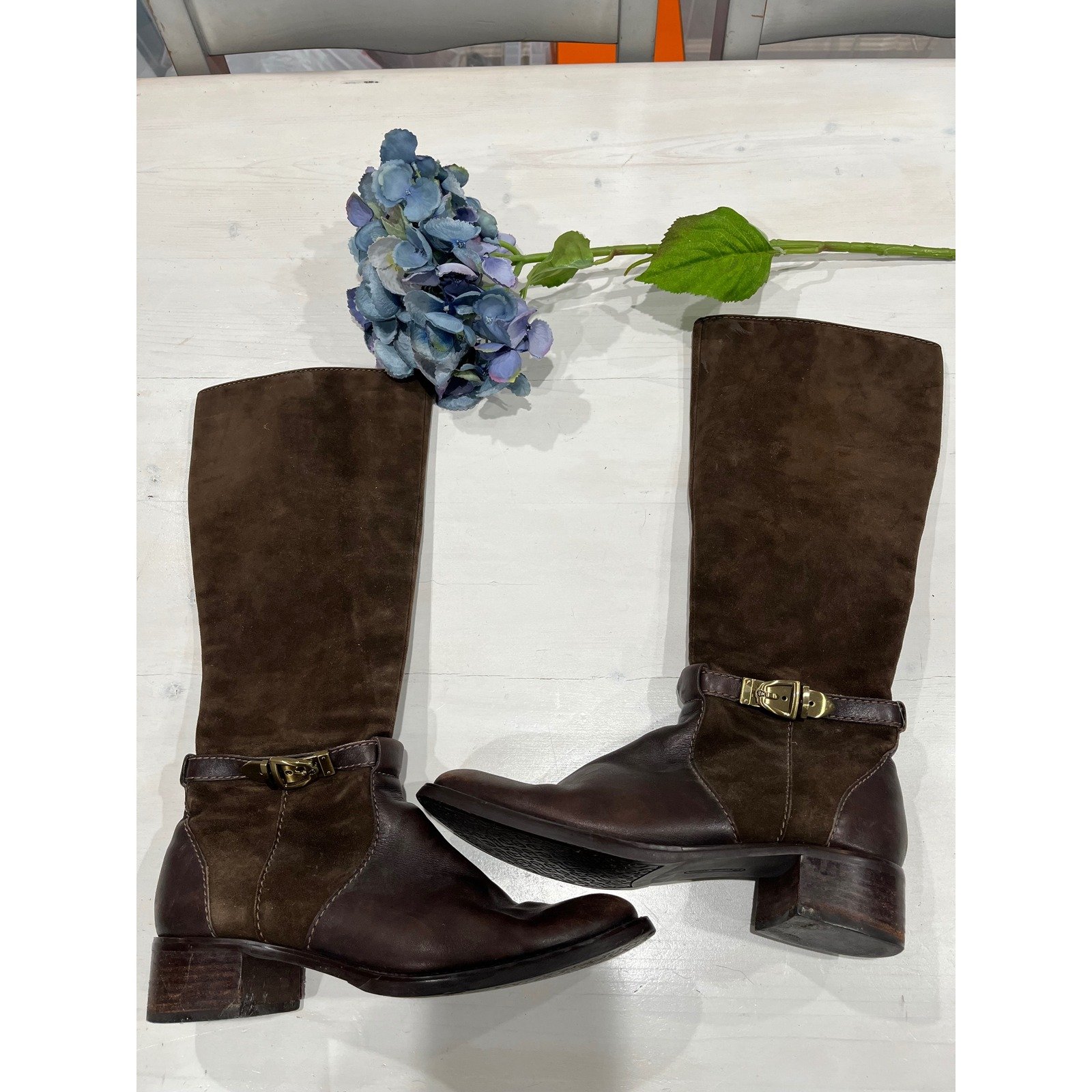 Etienne Aigner Riding Boots Leather Suede Buckle Detail Brown Size 7.5