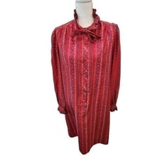 Vintage 70s Schrader Red Blue Floral Long Sleeve Maxi Dress XL Secretary Office