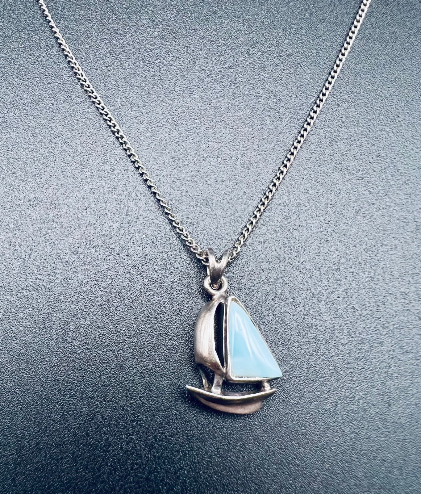 Vintage Sterling Silver Larimar Sailboat Necklace Pendant Signed D 925