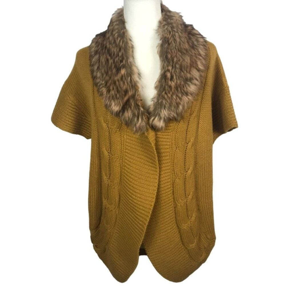 NY Collection asymmetrical short sleeve removable fur neck line Oversized Cardi