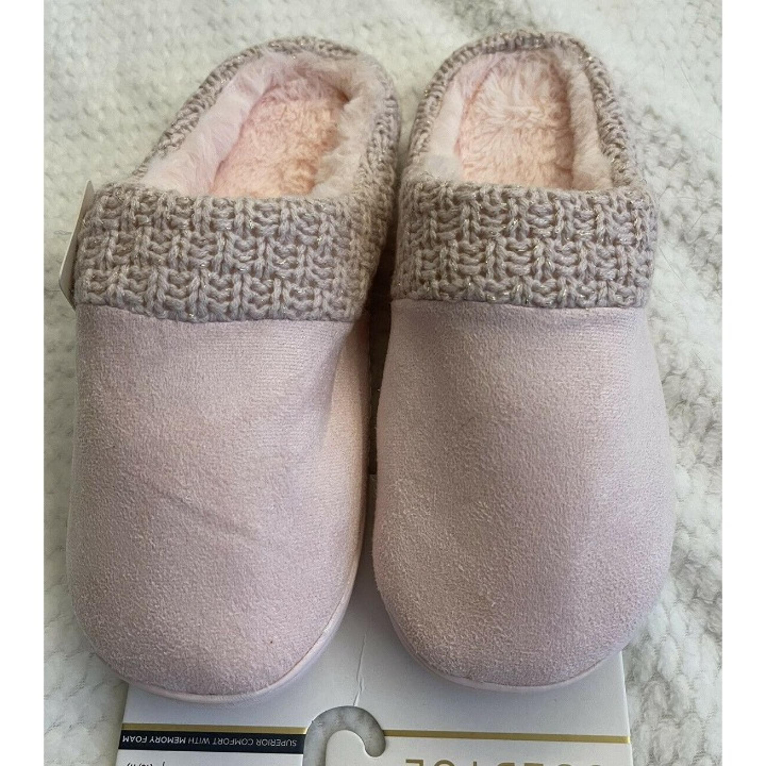 Women’s Slippers Size L 9 Gold Toe Pink Knit Scuff Memory Foam,Faux Fur