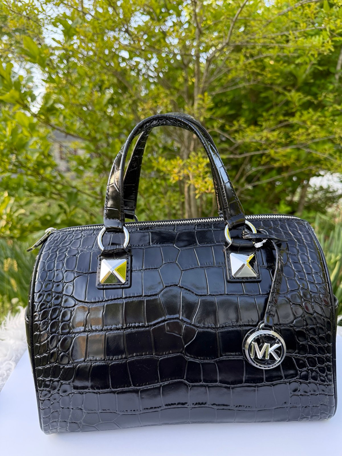 Michael Kors MD Duffle Black Embossed Leather women bag Crossbody Satchel