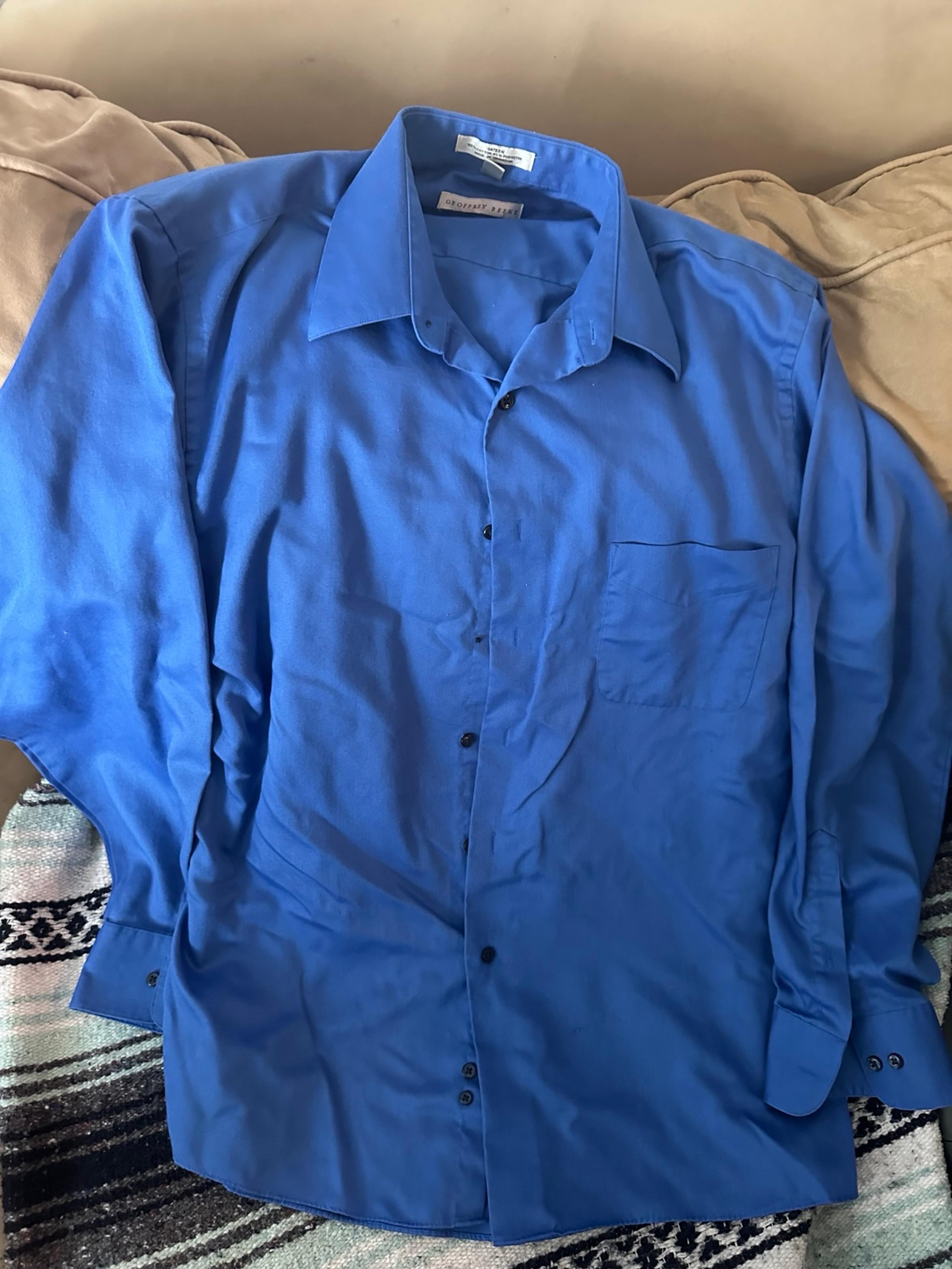 Geoffrey Beene Medium Blue Dress Shirt Sateen Satin Cotton Mens Large L Clean