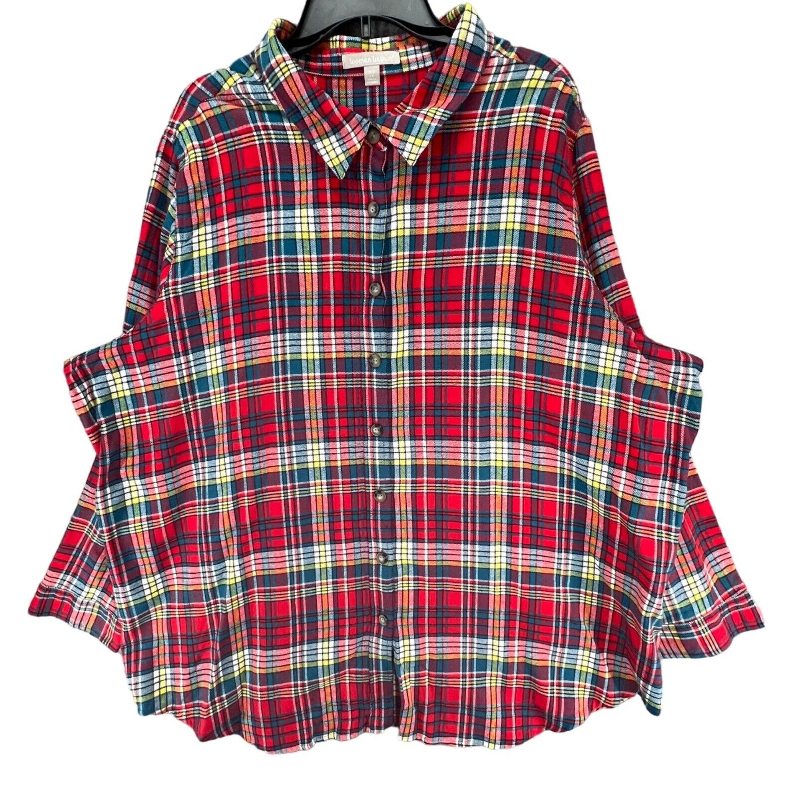 Woman Within Shirt Womens 2XL Red Blue Plaid Flannel Cotton Button Up Comfort
