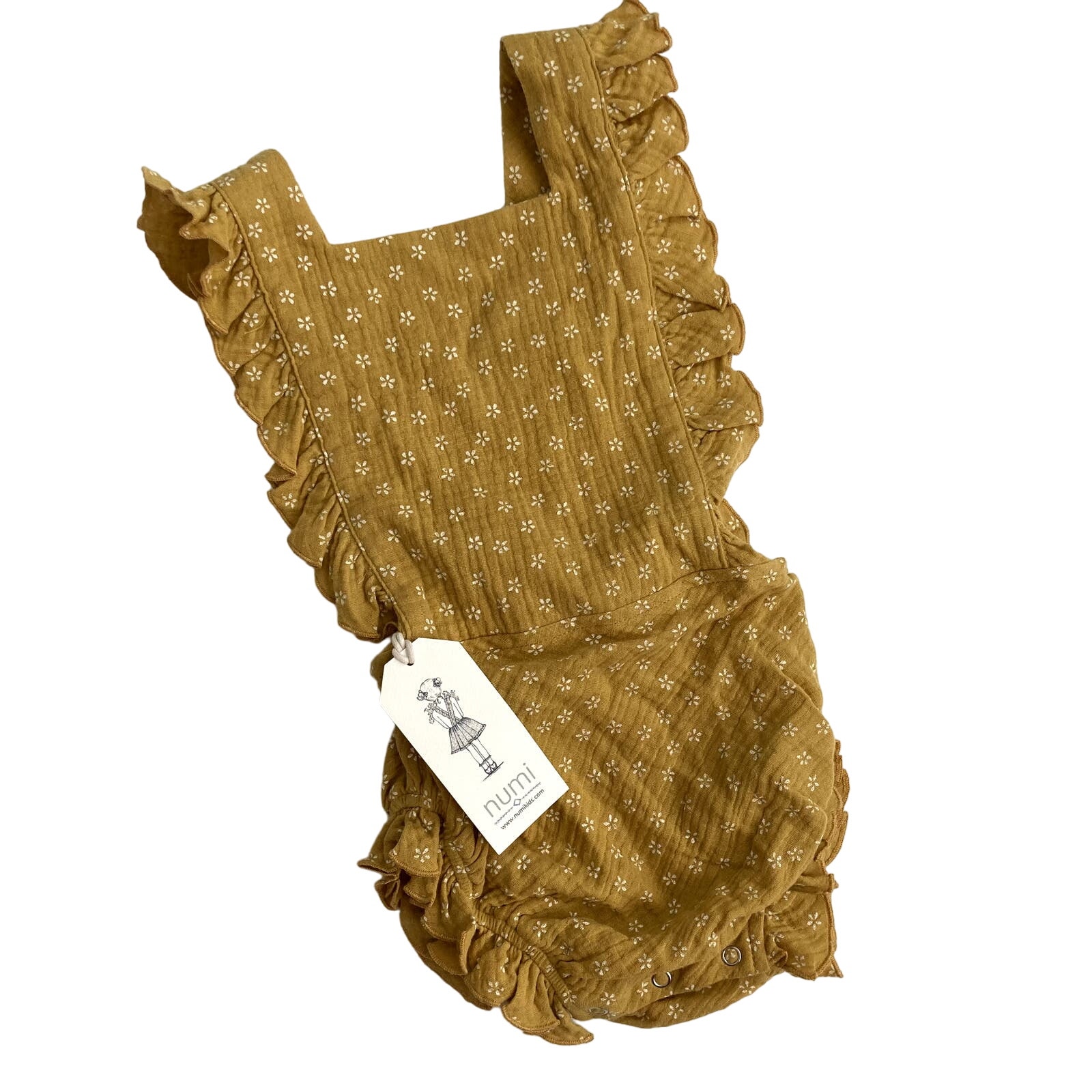 Numi Kids NEW Cotton Muslin Ruffle Romper Sunsuit - Floral - Mustard Yellow - 3T