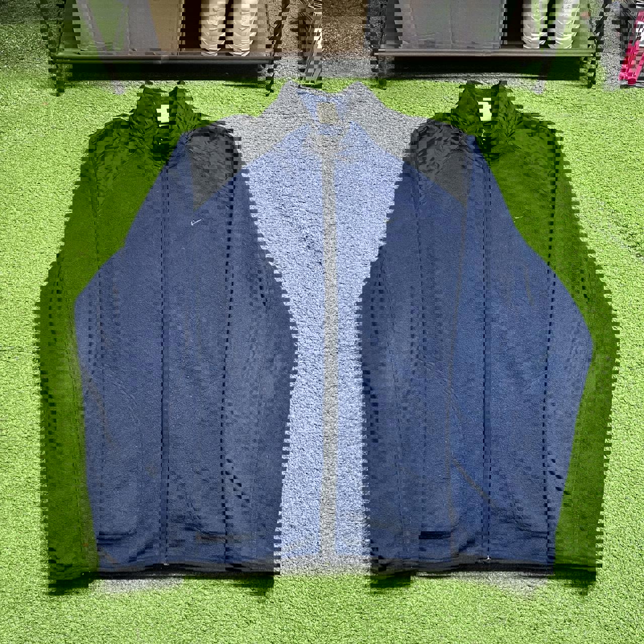 vintage nike navy and grey small swoosh fleece jacket size xl