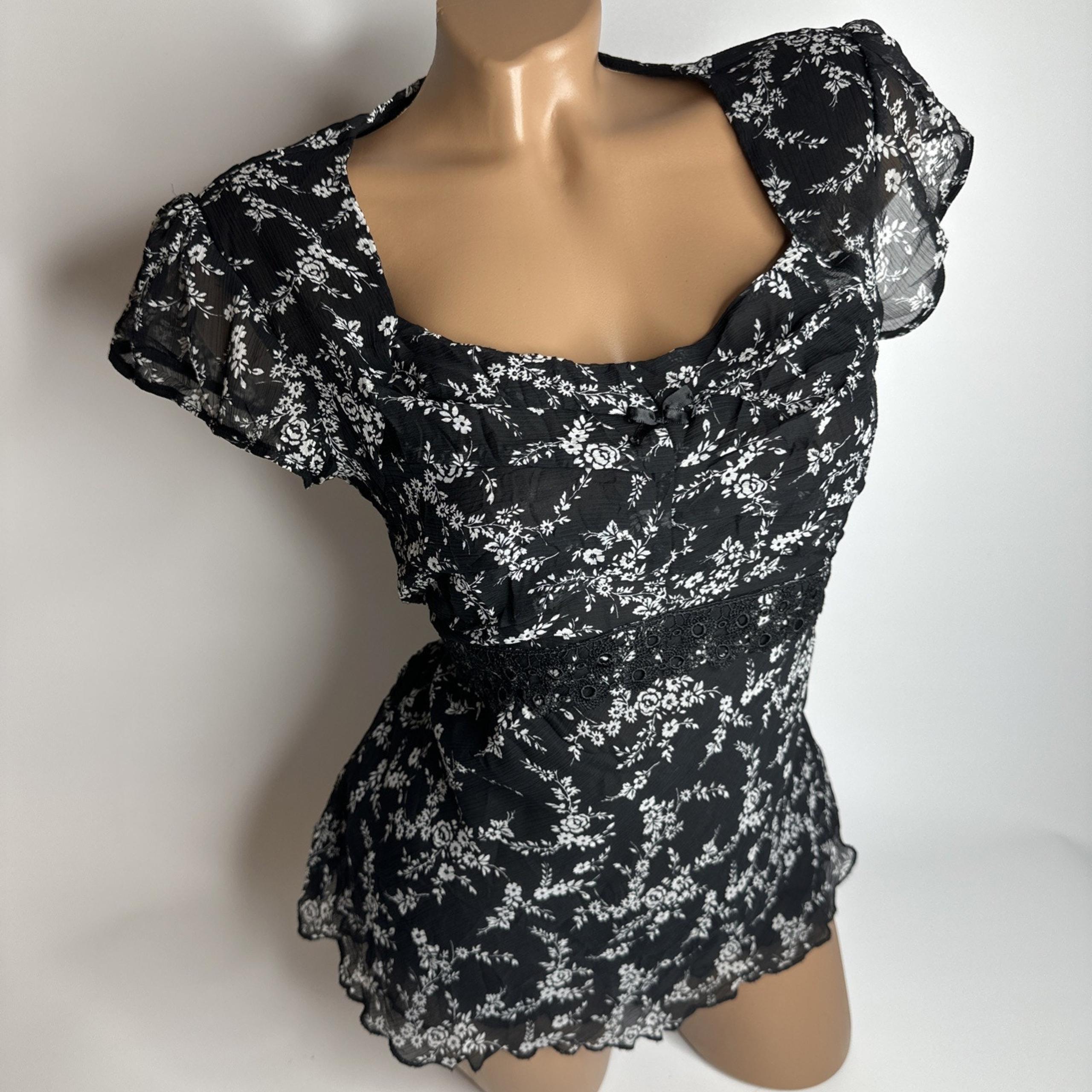 Cocomo Black White Floral Chiffon Top M Y2K Whimsigoth Cottagecore Romantic