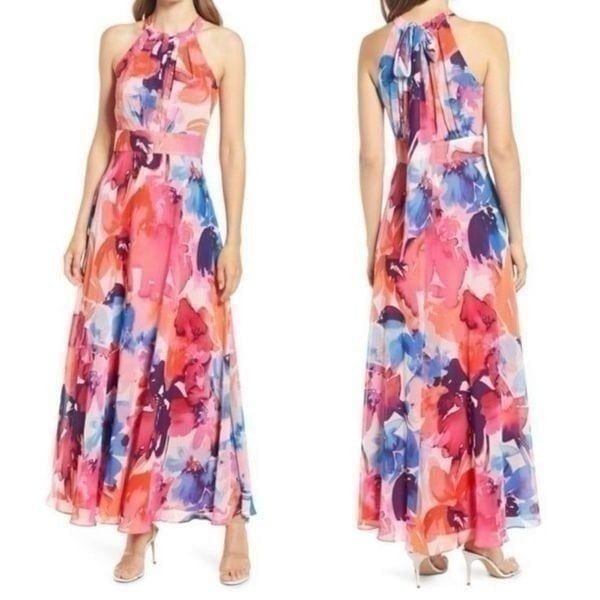 Eliza J Floral Chiffon Halter Style Maxi Dress Size 8 NWT