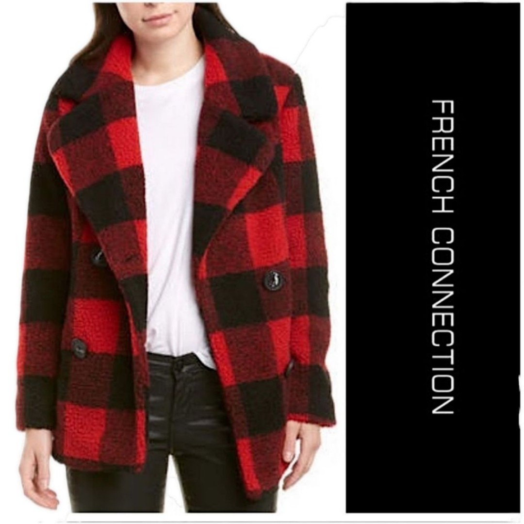French Connection Vegan Fur Buffalo Check Teddy Coat, Size Medium, Red / Black