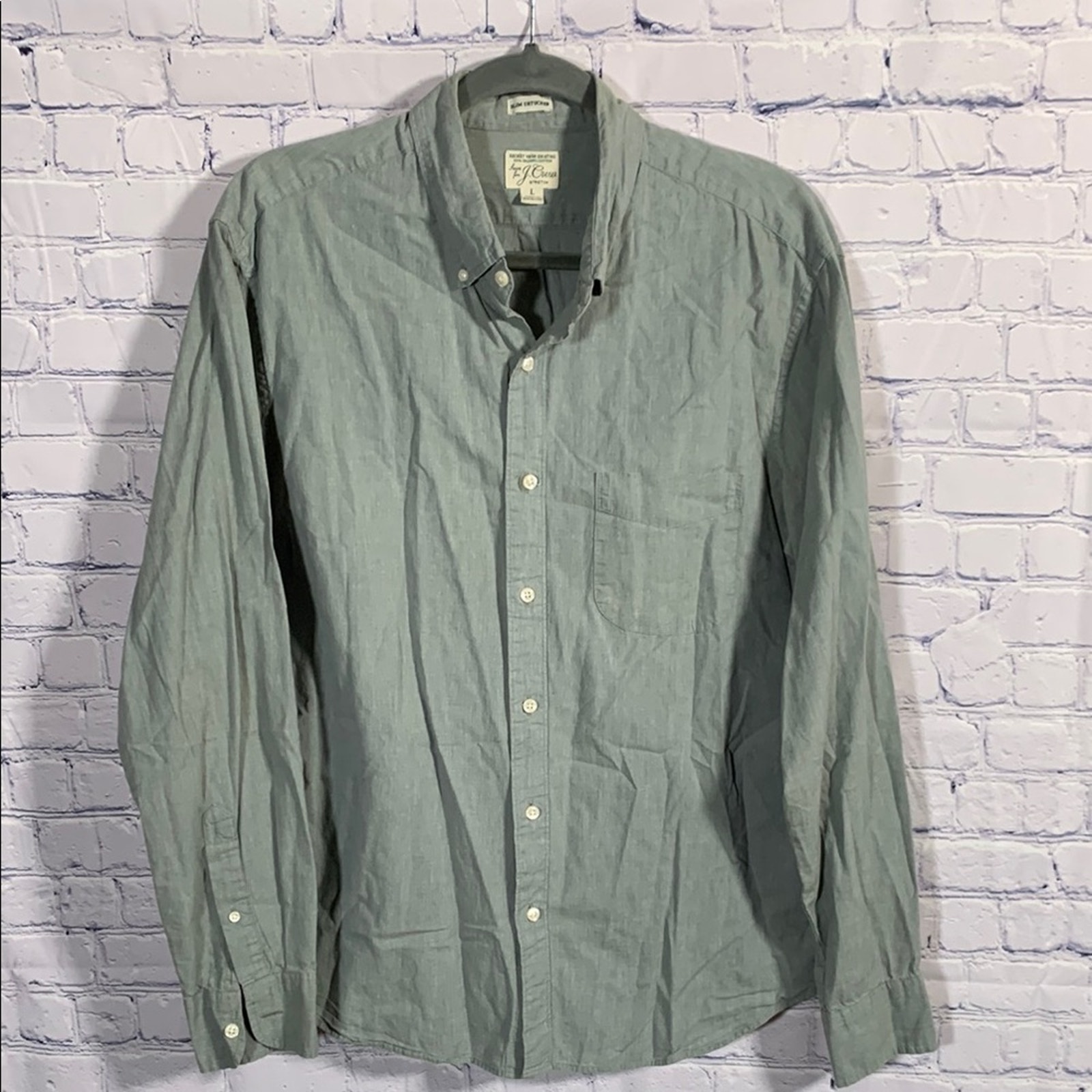 J.Crew Men Stretch Slim Fit Untucked Button Down Shirt Organic Cotton Green Sz L