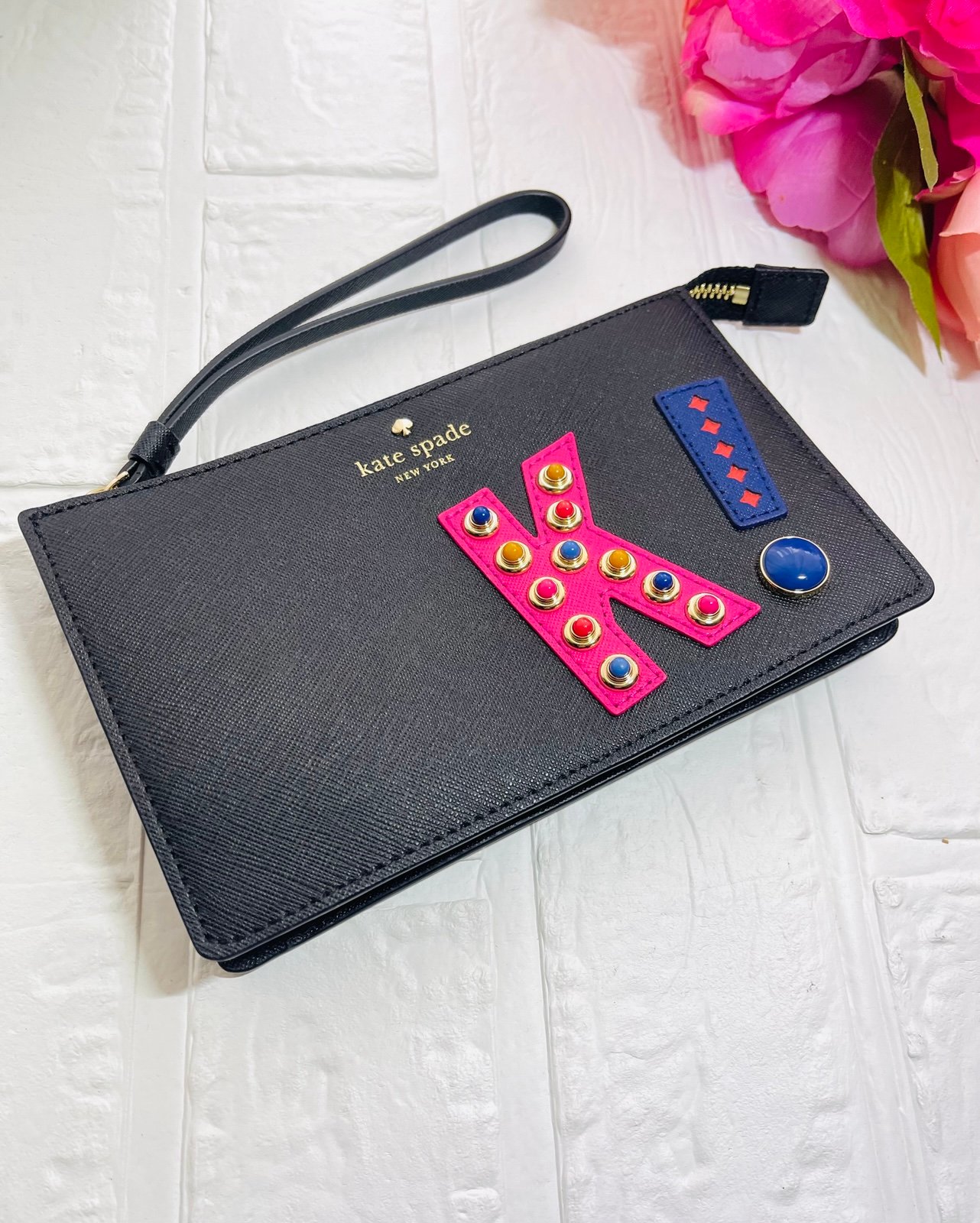 Kate Spade New York Black Studded Saffiano Leather Wristlet