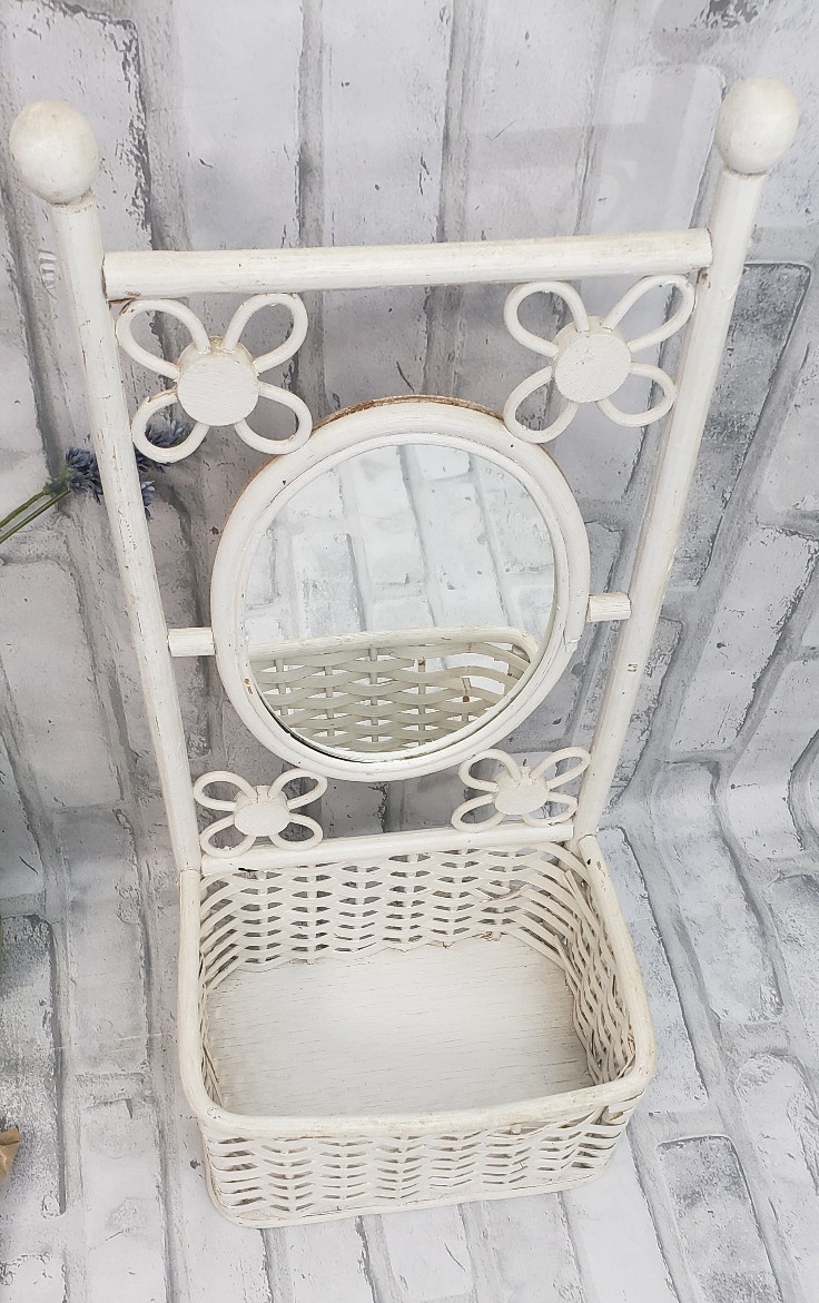 Vintage Shabby White Wicker Oval Mirror with Basket