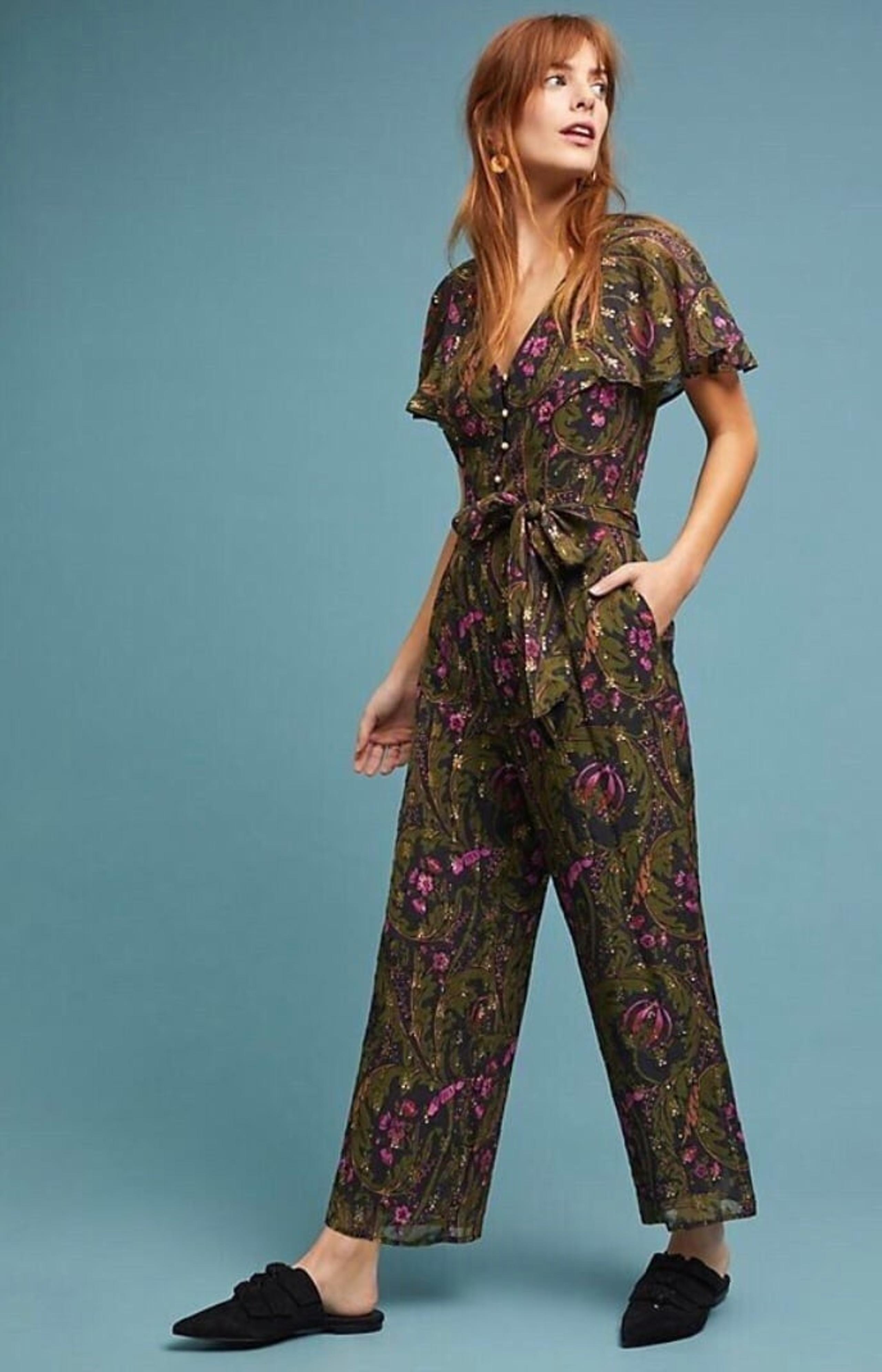 ett:twa by Anthropologie Brenda Boho Floral Lurex Wide Leg  Romper Jumpsuit 8